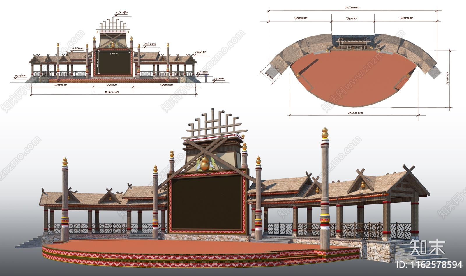 中式拉祜族廊架大舞台SU模型下载【ID:1162578594】