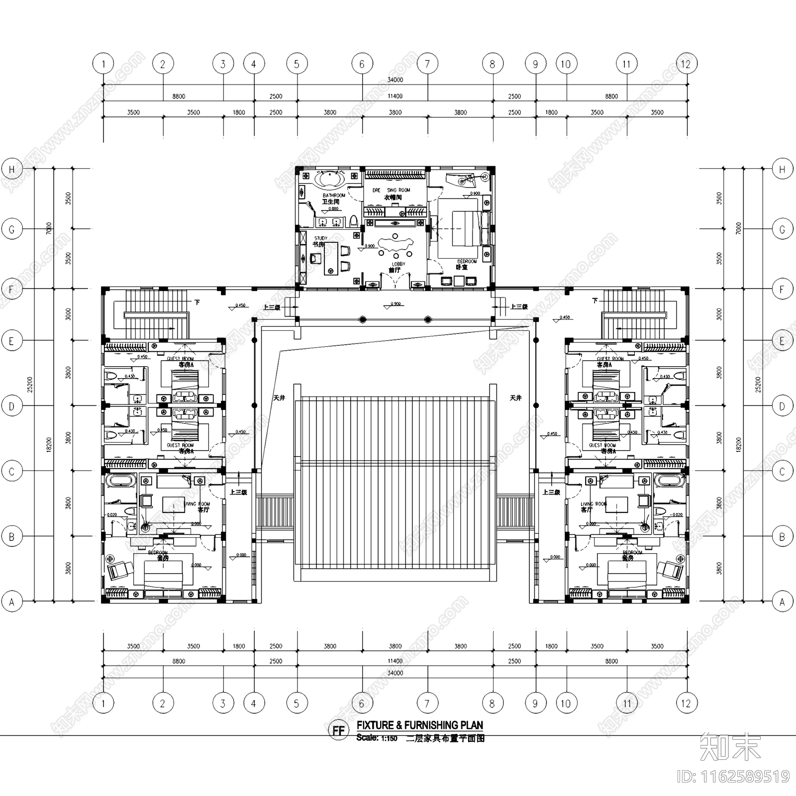 中式新中式普宁二层别墅室内家装cad施工图下载【ID:1162589519】