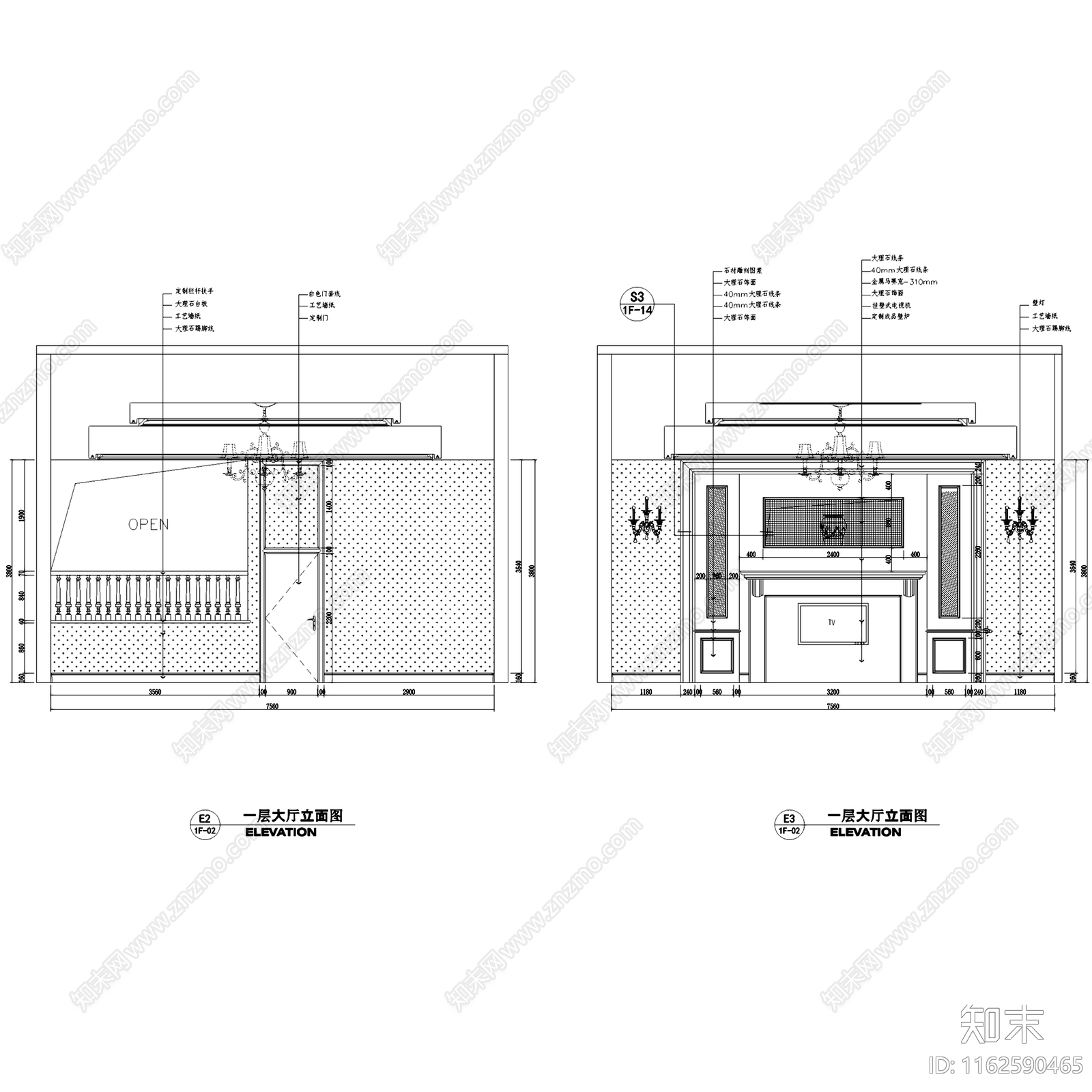 欧式望江府邸三层别墅室内家装cad施工图下载【ID:1162590465】