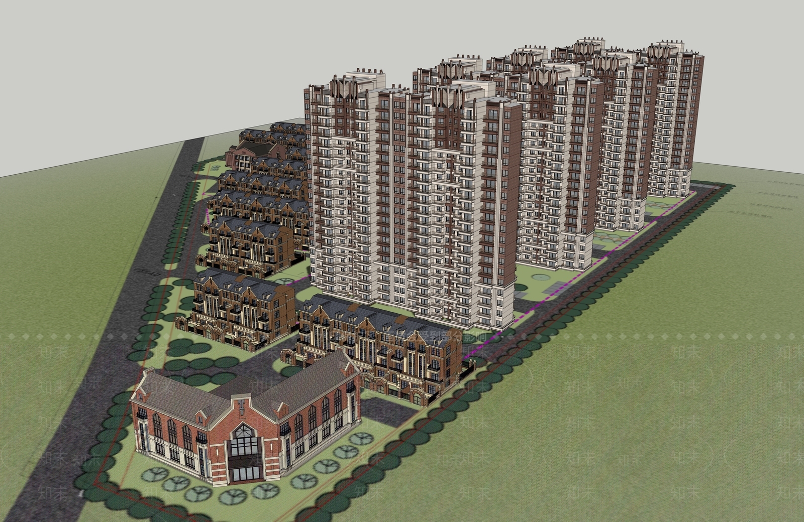 某新古典风小区联排和高层及配套商业幼儿园SU模型下载【ID:1162614828】