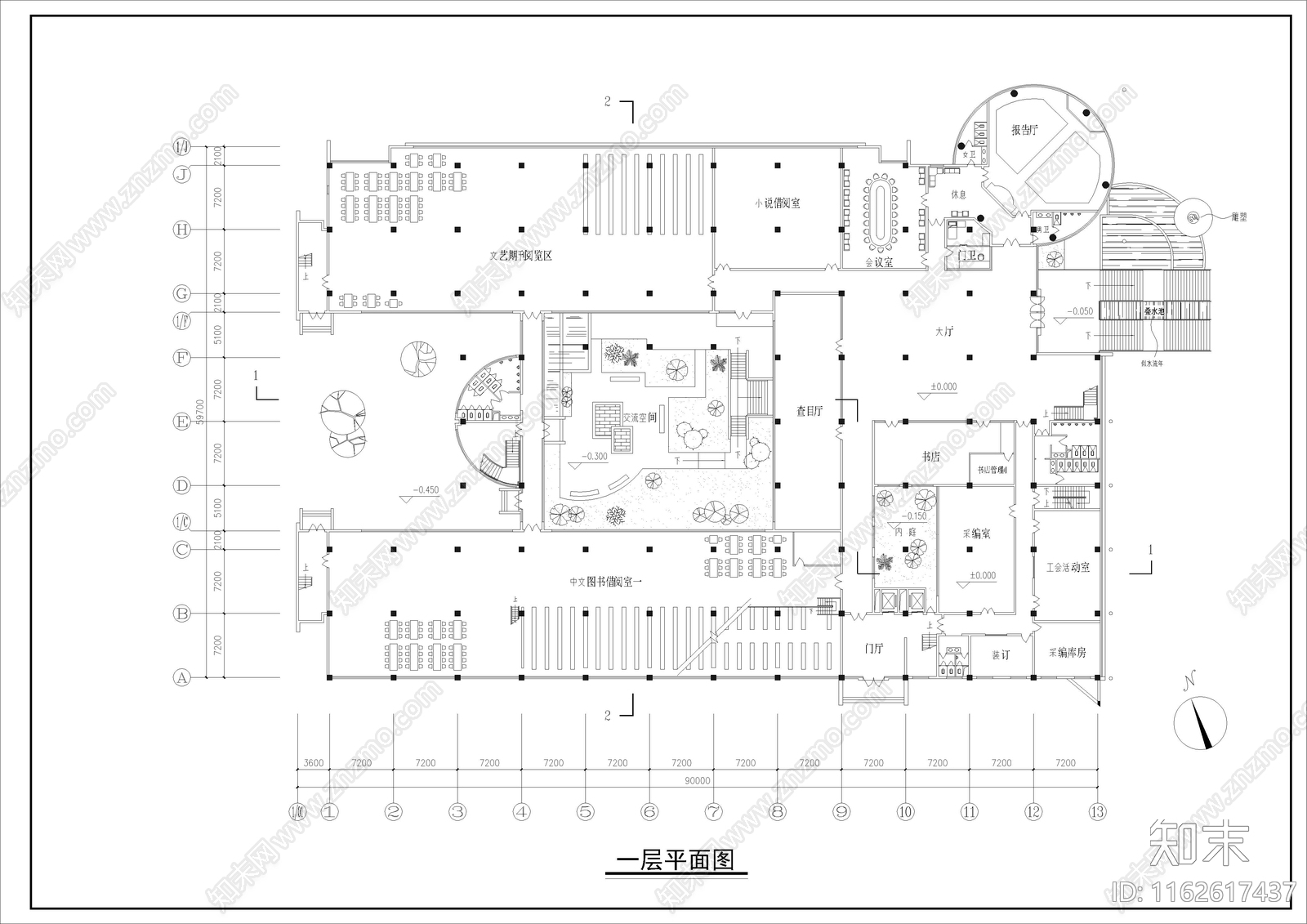 现代图书馆cad施工图下载【ID:1162617437】