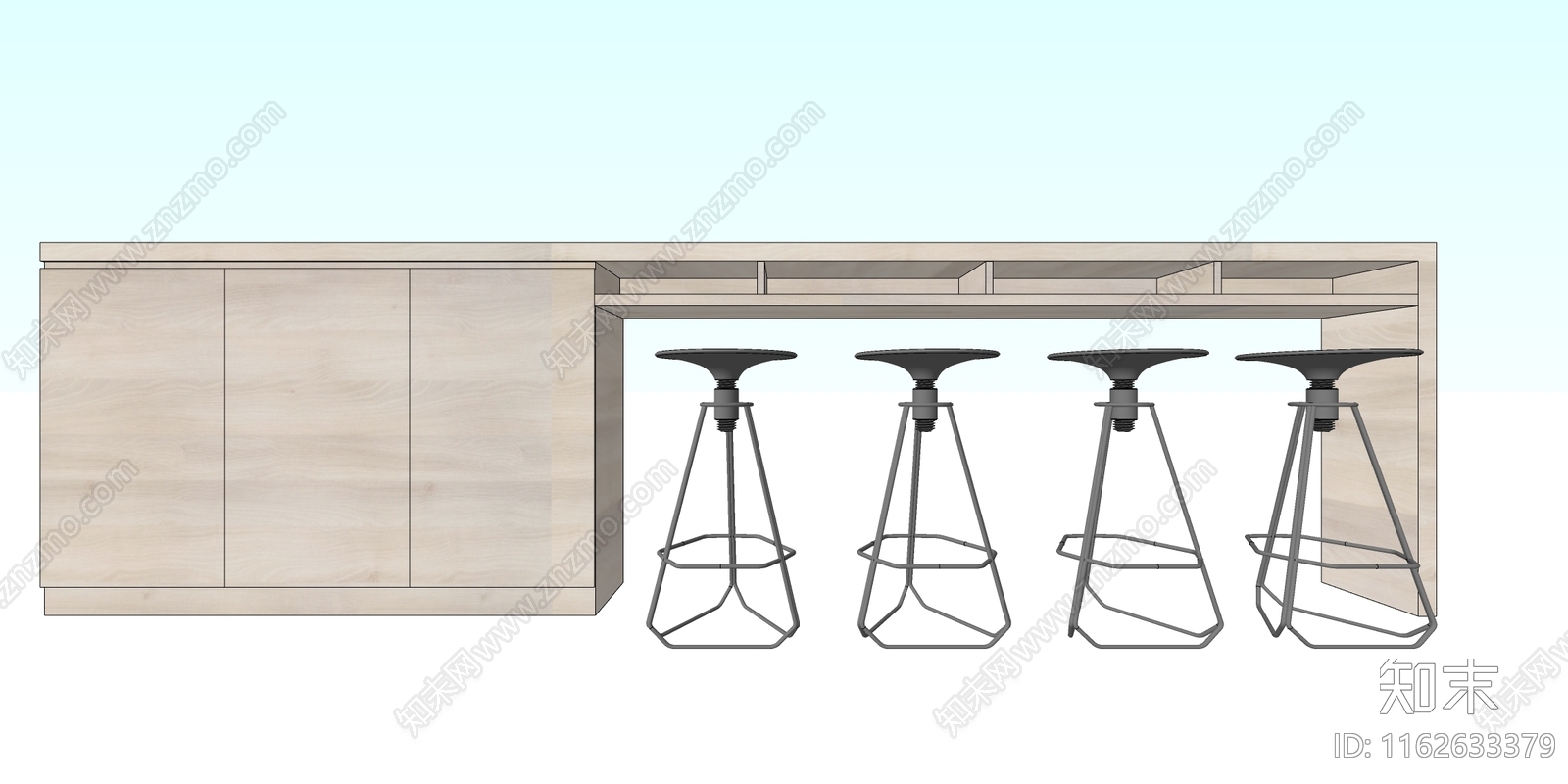 现代原木咖啡厅吧台吧椅SU模型下载【ID:1162633379】