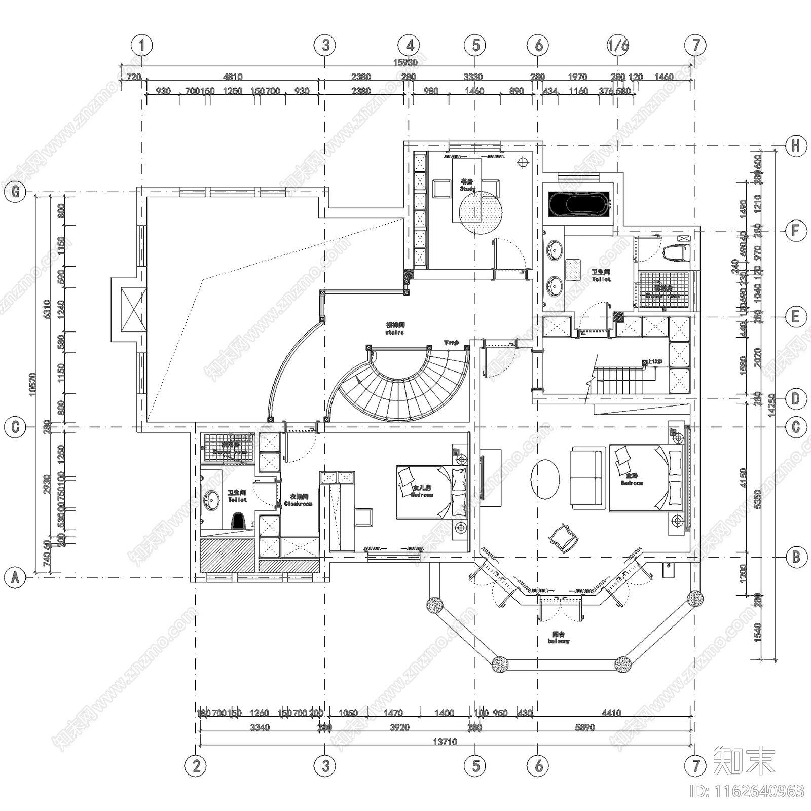 美式复地爱伦坡二层别墅室内家装cad施工图下载【ID:1162640963】