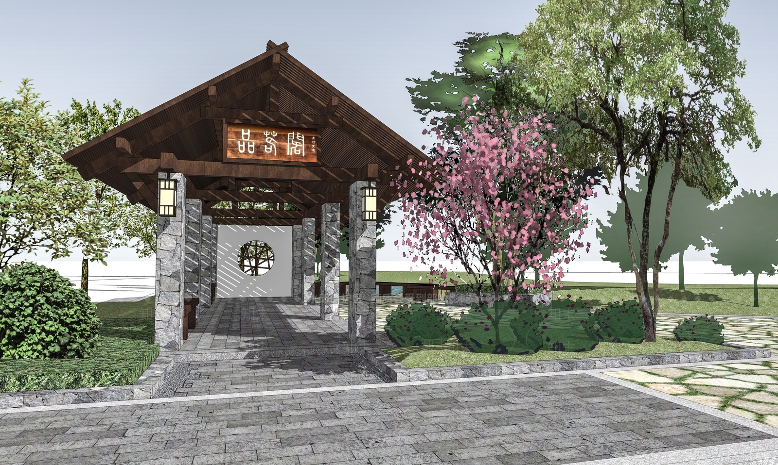 现代中式广场景观SU模型下载【ID:1162645627】