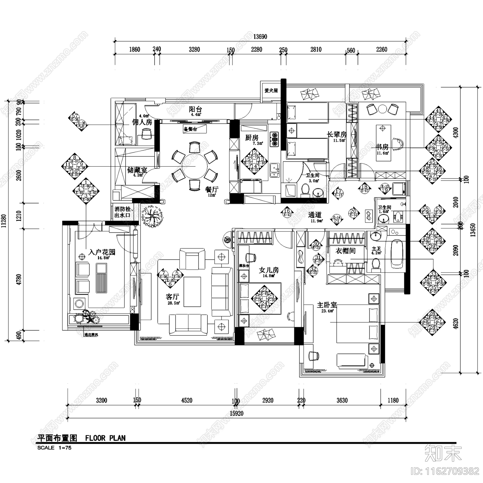 中式深圳帝豪湾公墅大平层室内家装cad施工图下载【ID:1162709382】