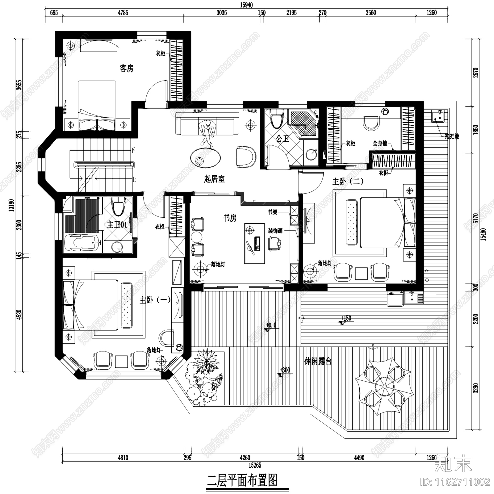 欧式简欧万科古松四层别墅室内家装cad施工图下载【ID:1162711002】