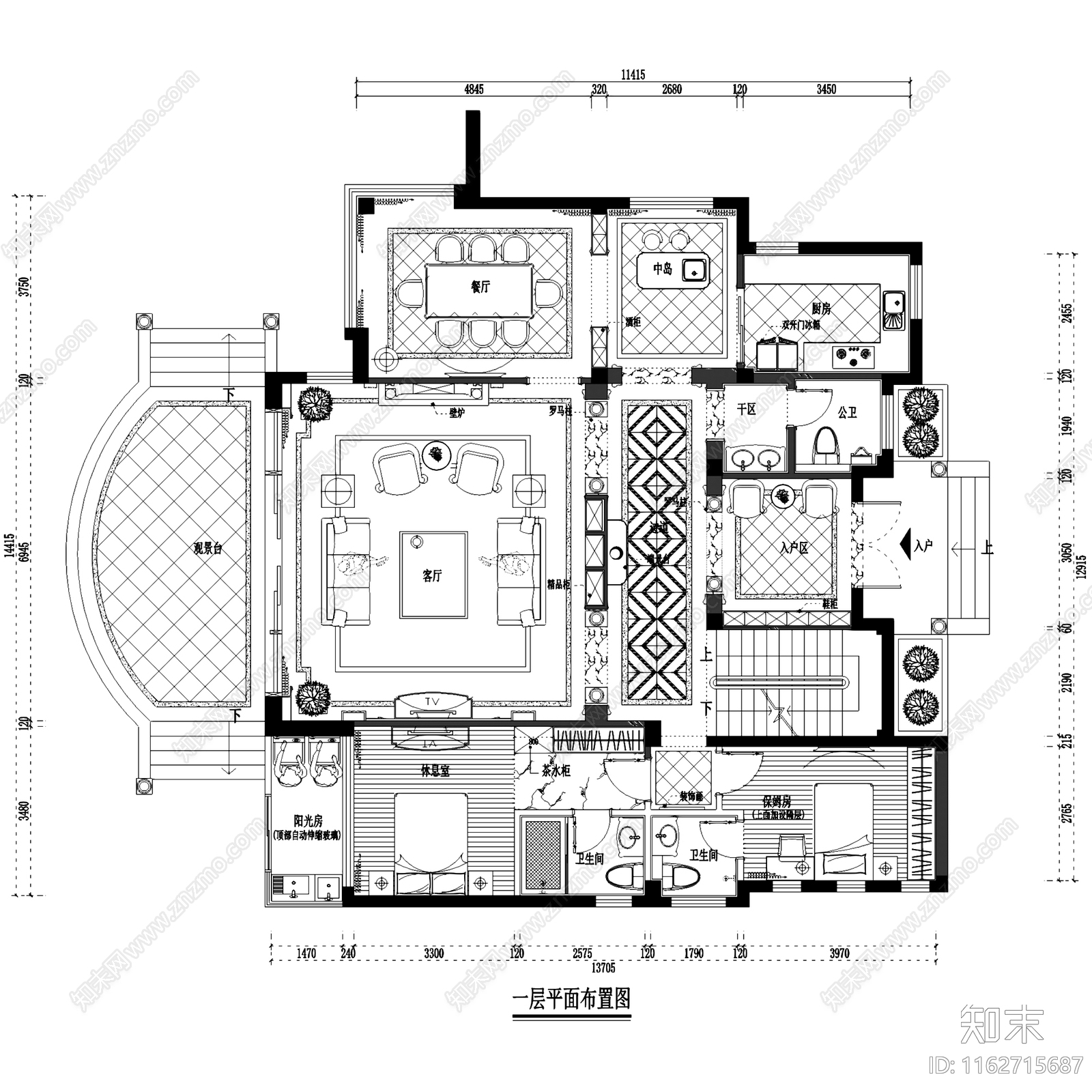 欧式大洋鹭洲C1三层别墅室内家装cad施工图下载【ID:1162715687】