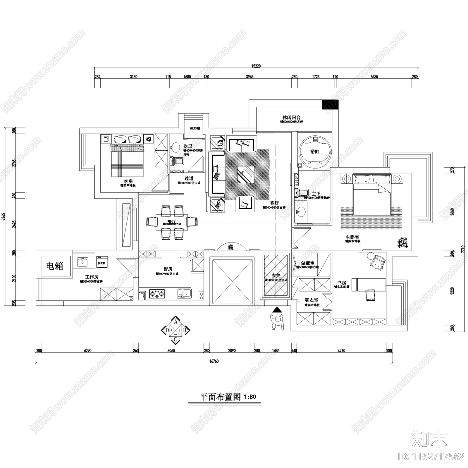 欧式银都花园1801平层室内家装cad施工图下载【ID:1162717562】