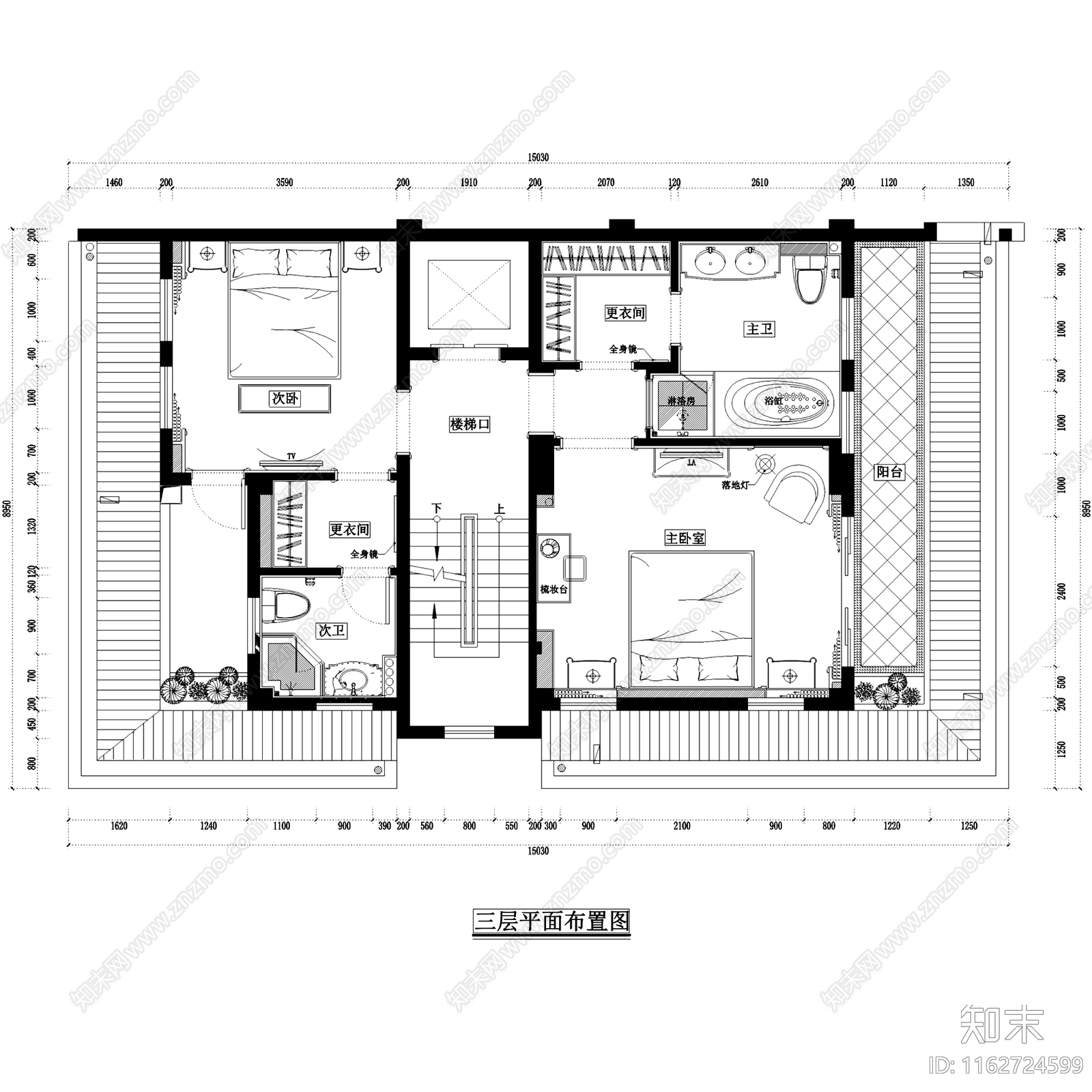 欧式星海湾花园26A四层别墅样板房室内家装cad施工图下载【ID:1162724599】