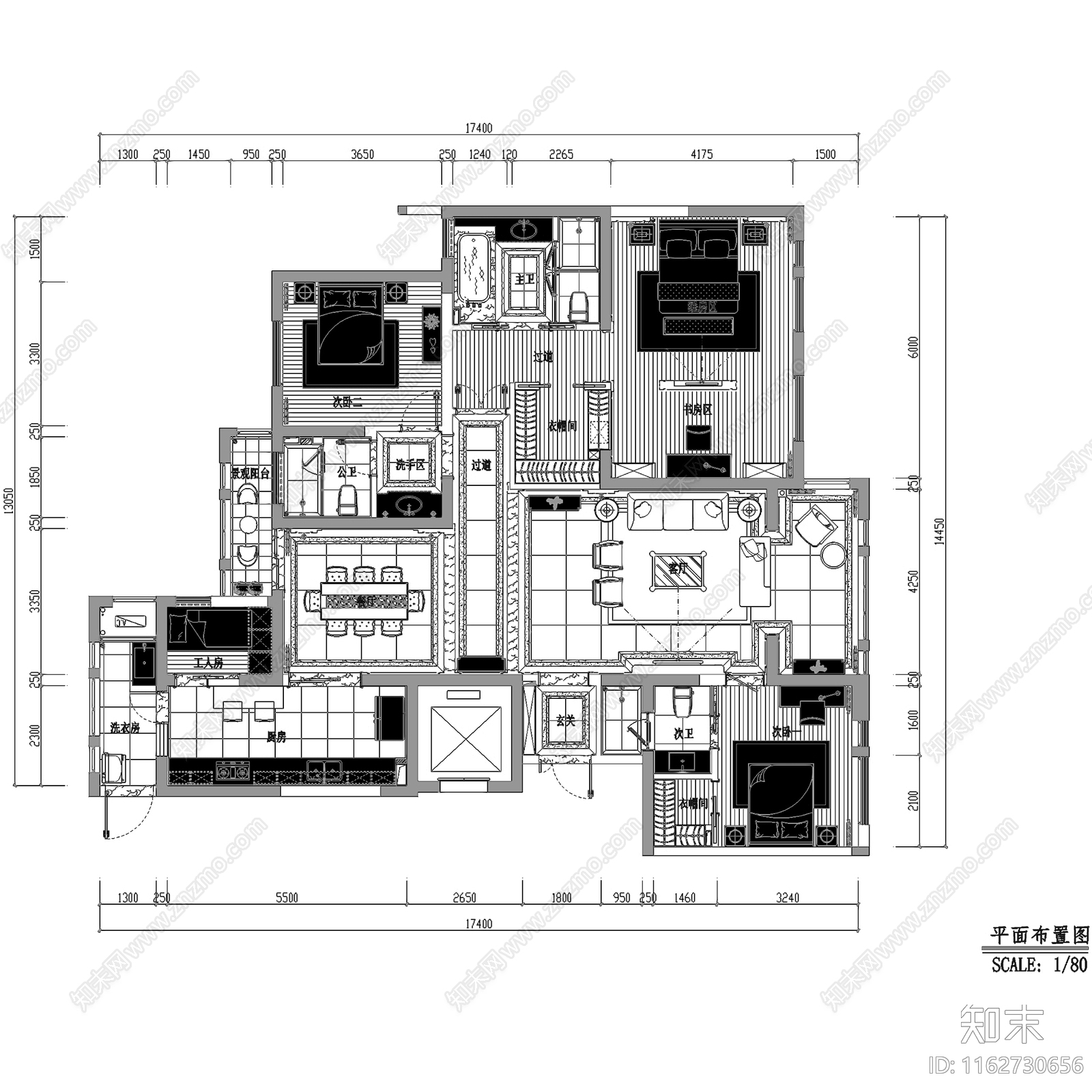 简欧欧式保亿风景御园大平层样板房室内家装cad施工图下载【ID:1162730656】