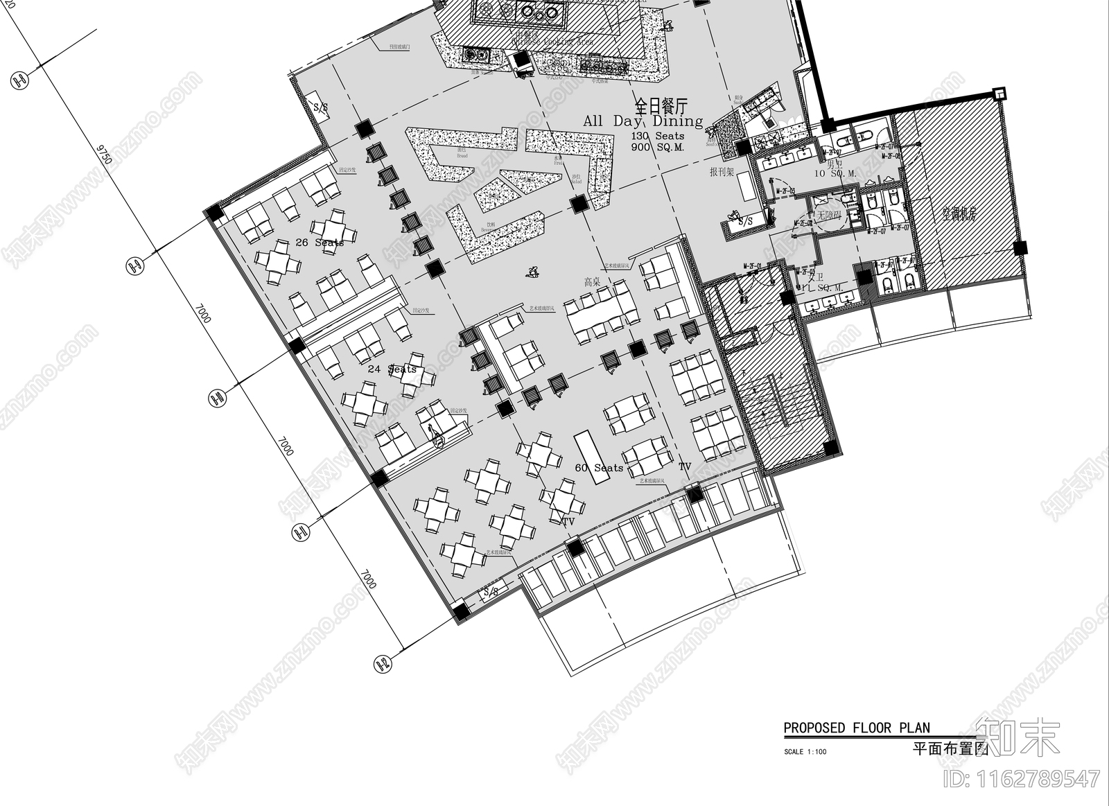 现代自助餐厅cad施工图下载【ID:1162789547】