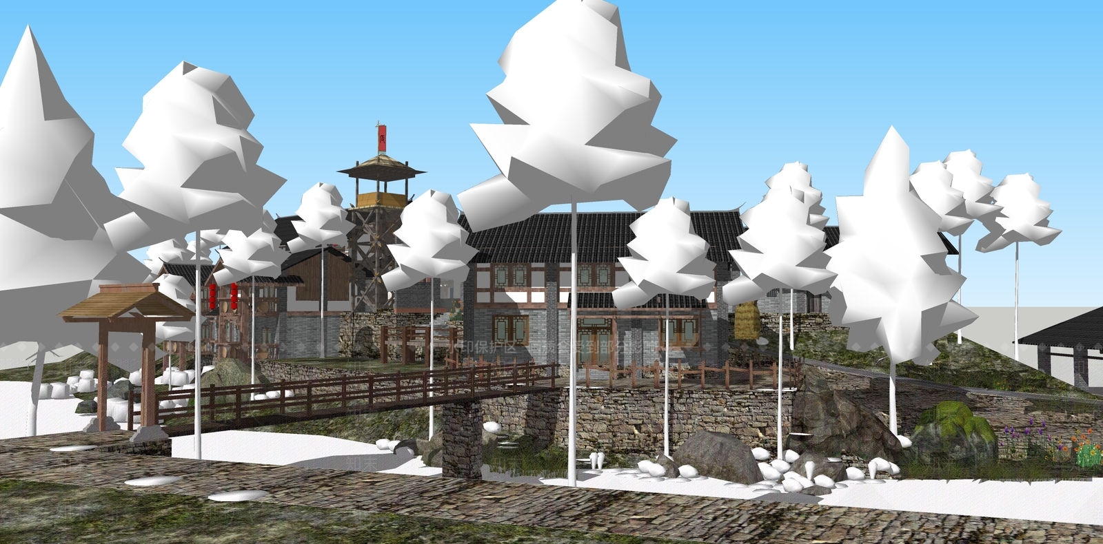 复古民宿建筑SU模型下载【ID:1162837958】