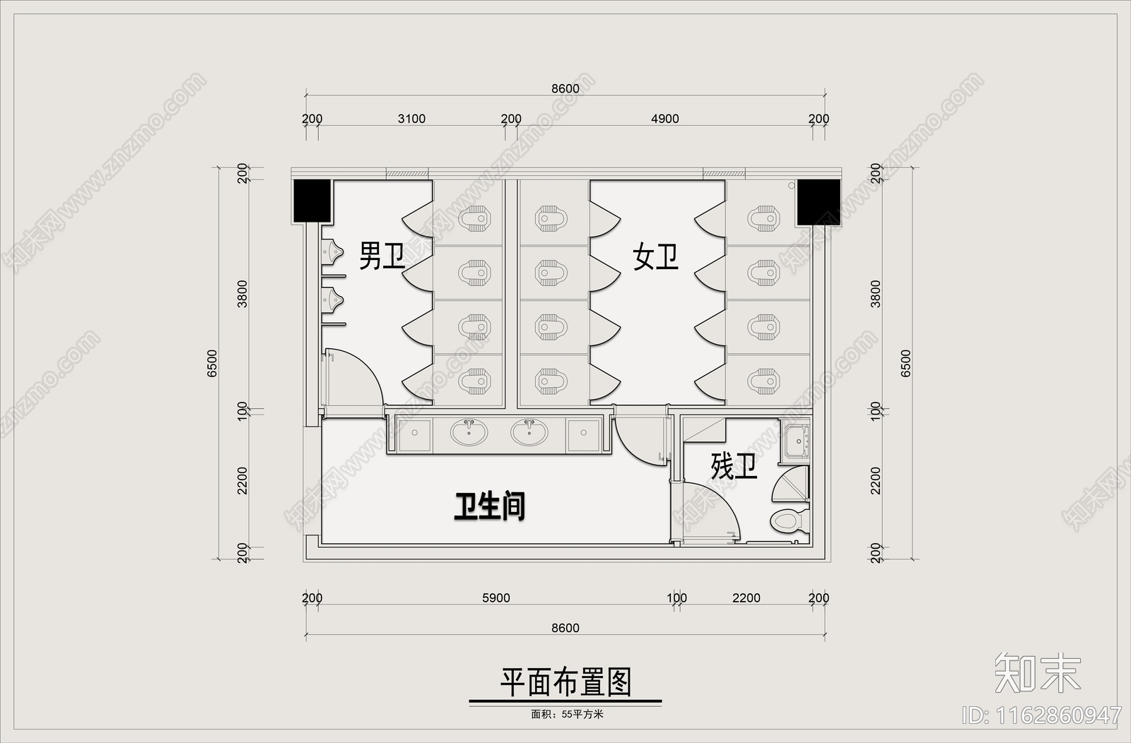 现代公共卫生间施工图下载【ID:1162860947】