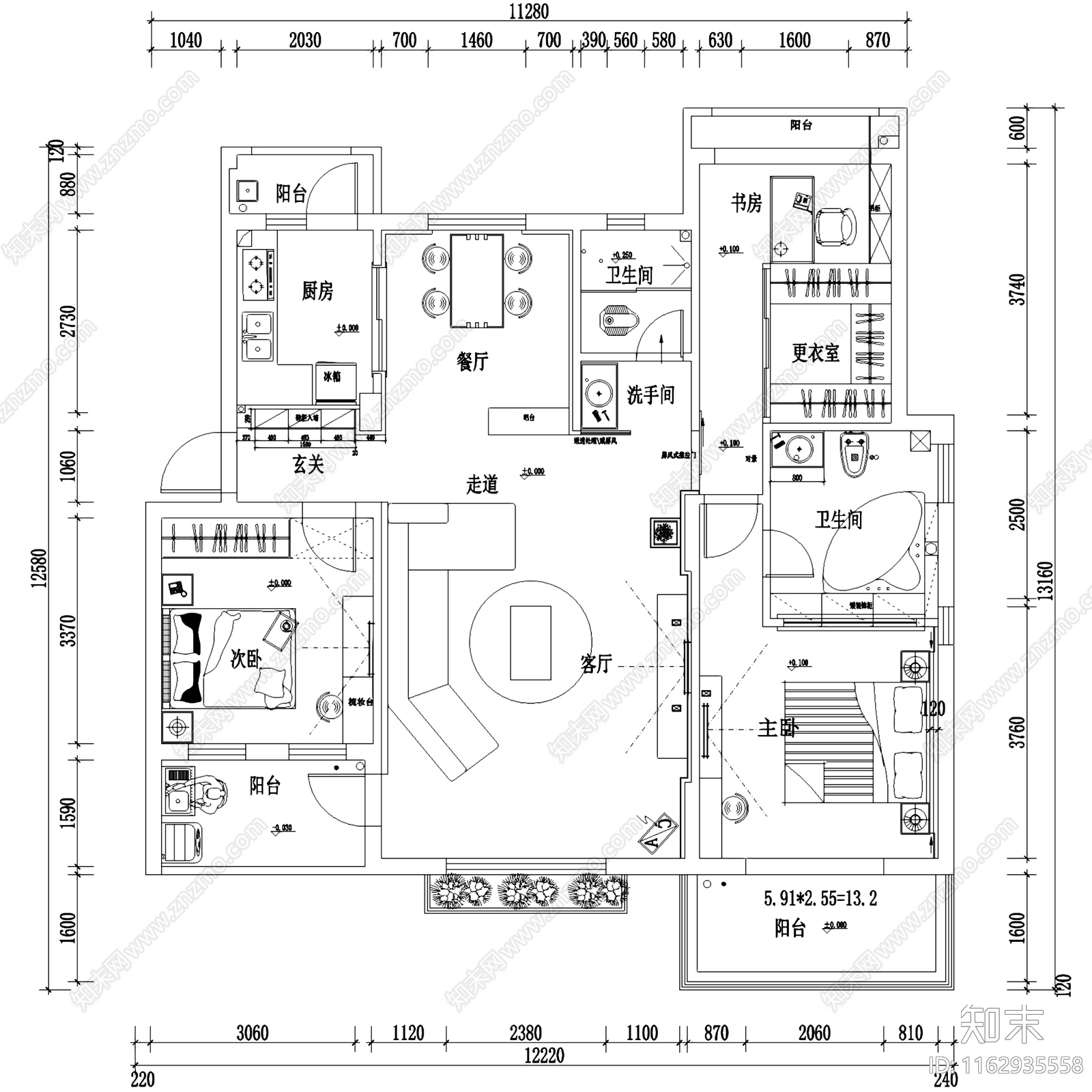 现代简约奥林匹克花园大平层室内家装cad施工图下载【ID:1162935558】