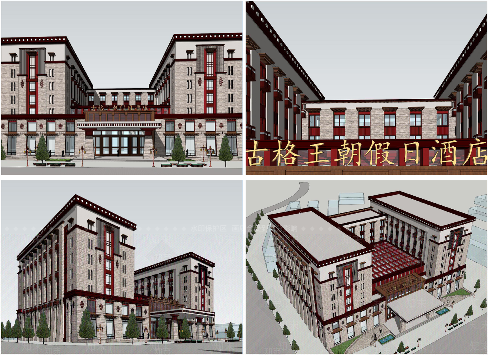 新中式现代酒店建筑SU模型下载【ID:1162950220】