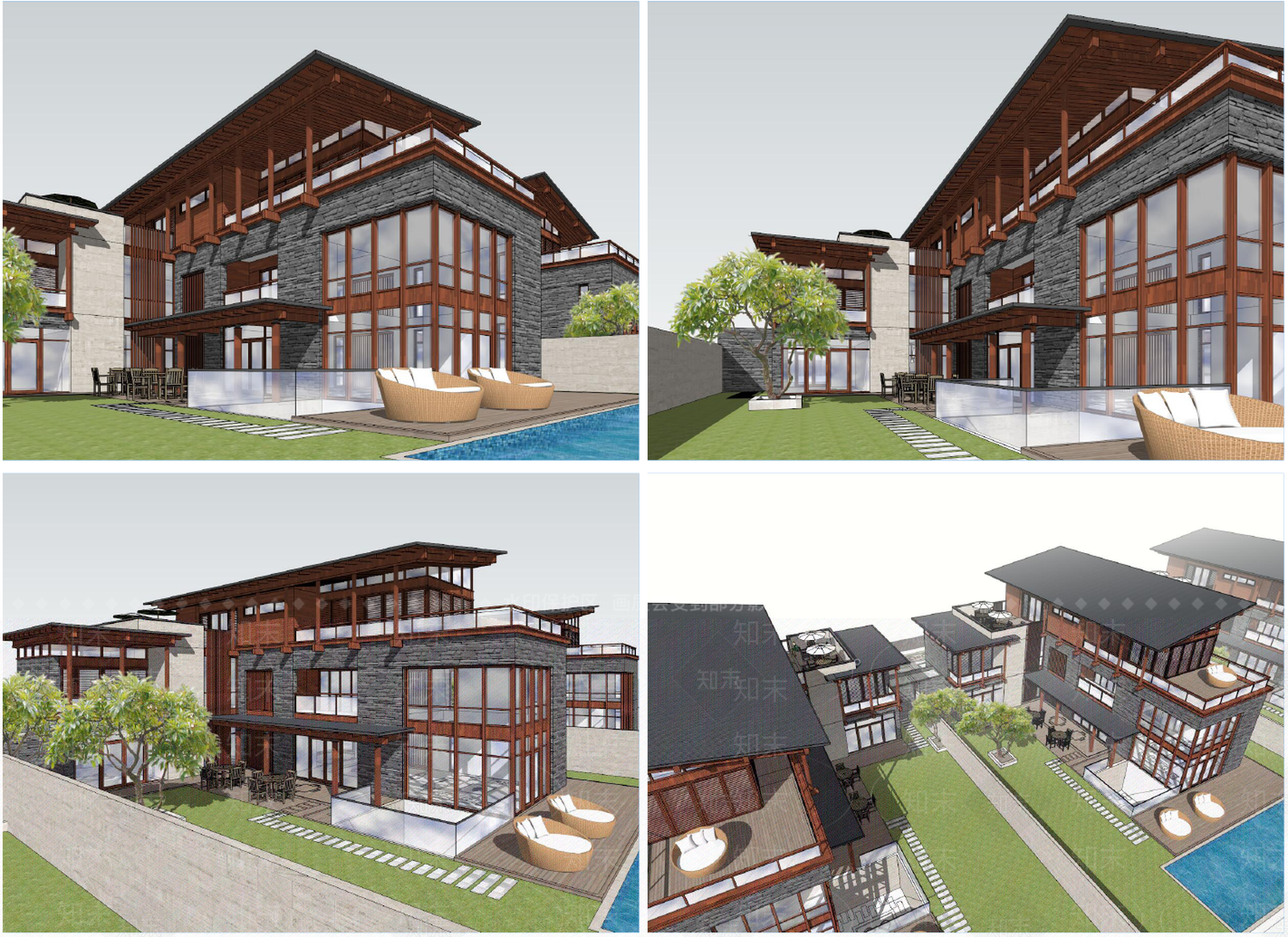 现代新中式酒店建筑SU模型下载【ID:1162950633】