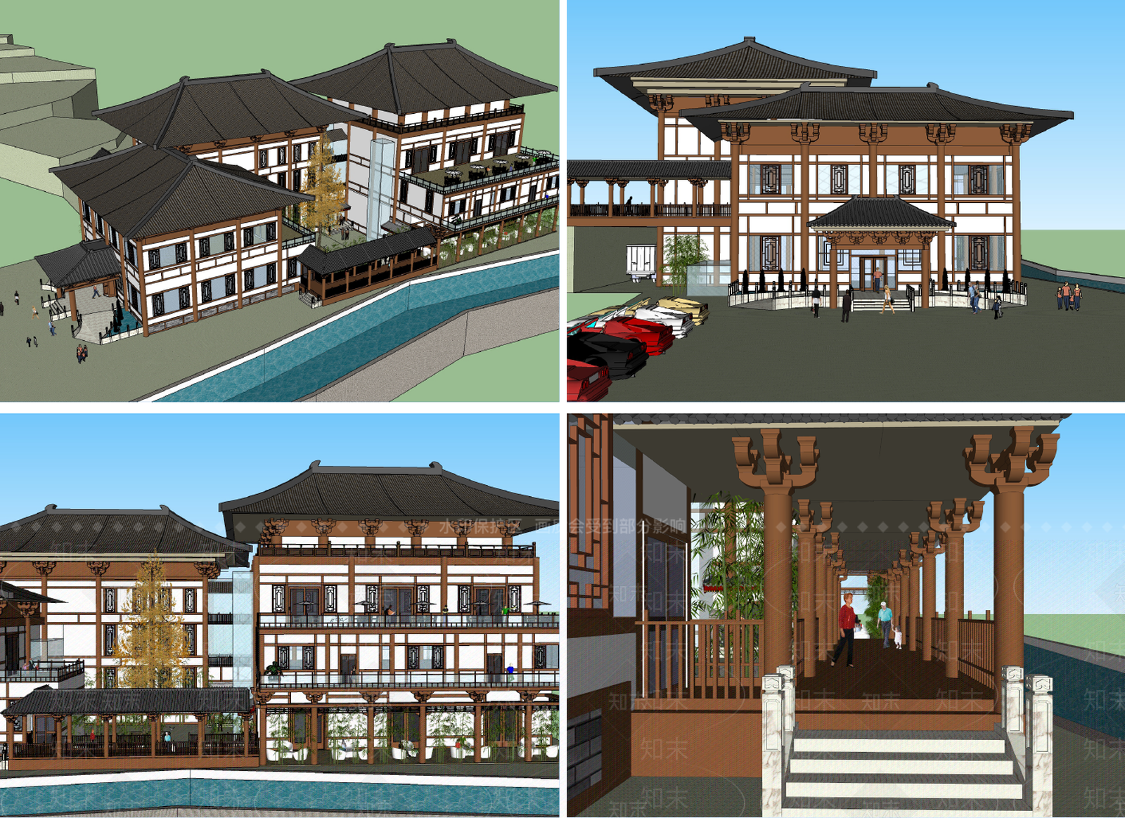 中式新中式酒店建筑SU模型下载【ID:1162958734】
