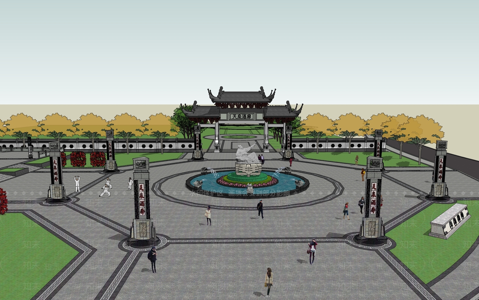 中式广场景观SU模型下载【ID:1162978741】
