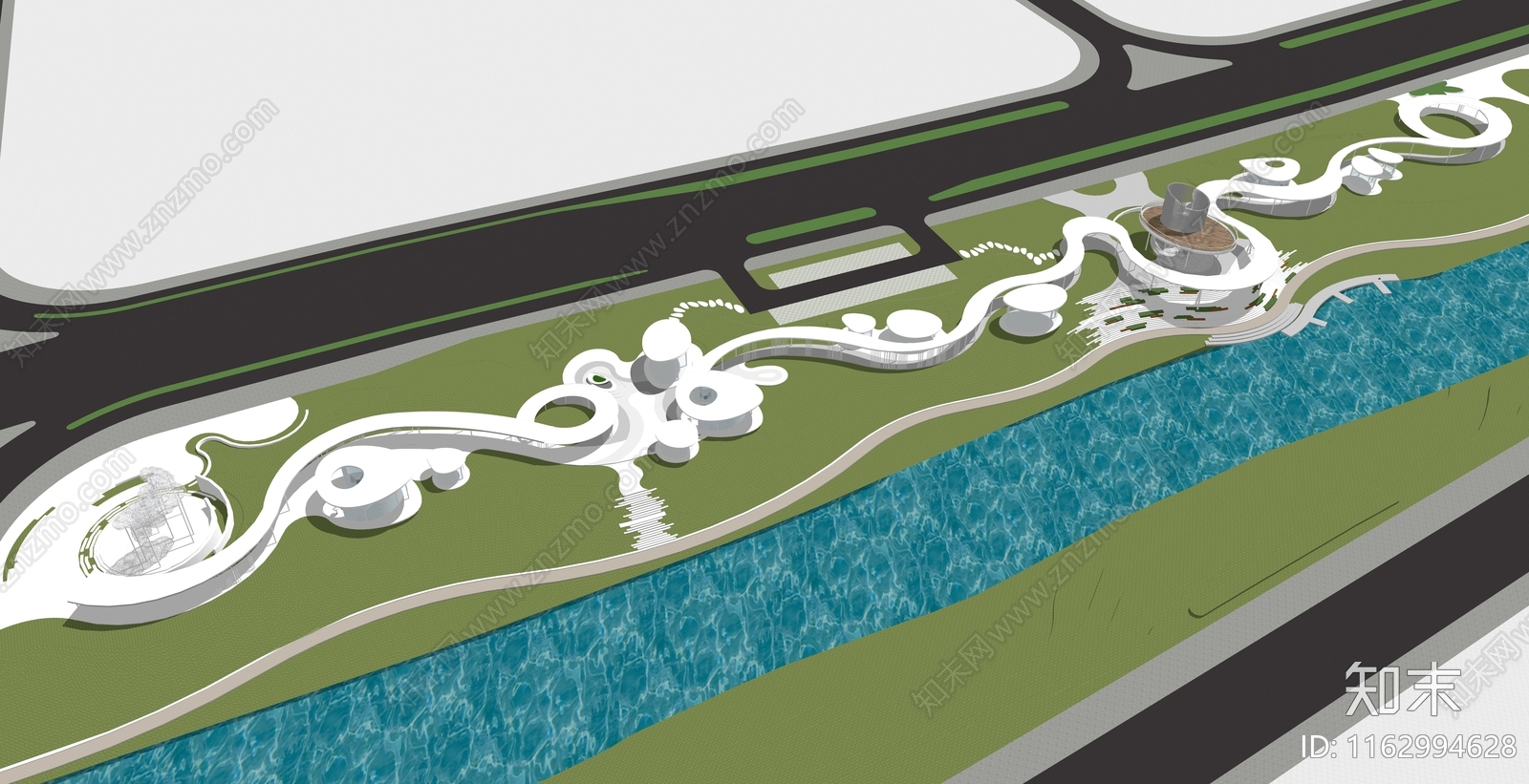 现代滨水景观SU模型下载【ID:1162994628】
