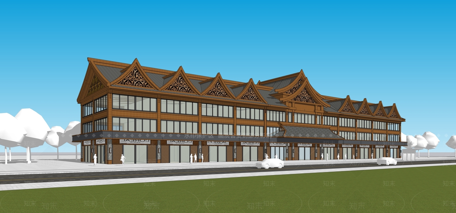 新中式商场建筑SU模型下载【ID:1163028347】
