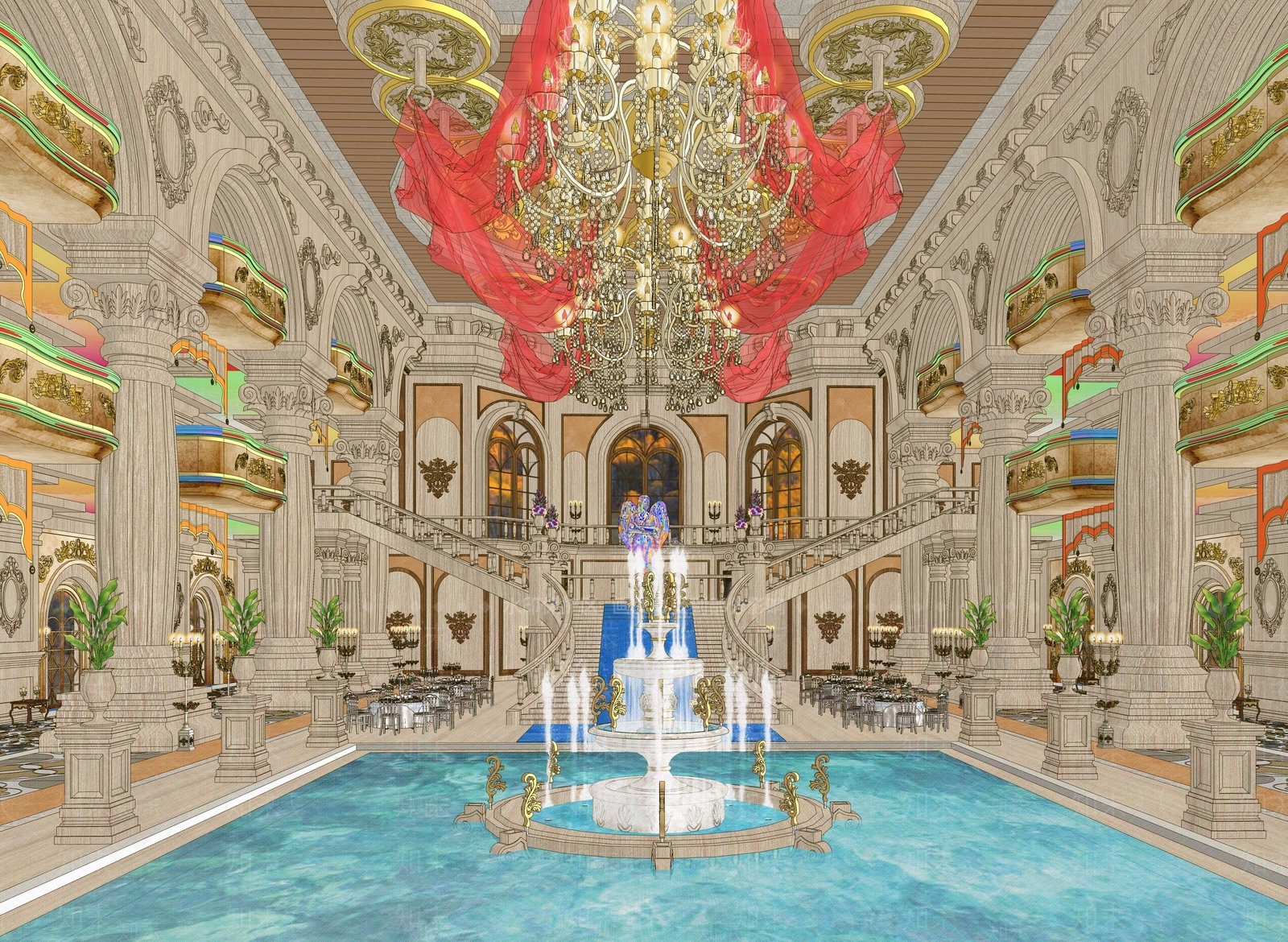 欧式复古宴会厅SU模型下载【ID:1163040159】