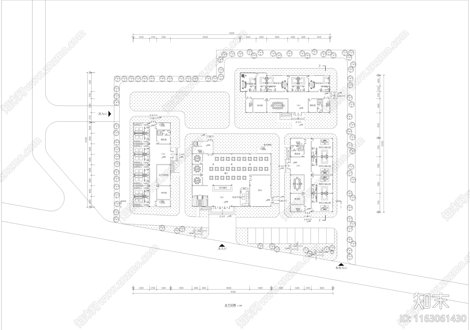 中式现代民宿建筑cad施工图下载【ID:1163061430】