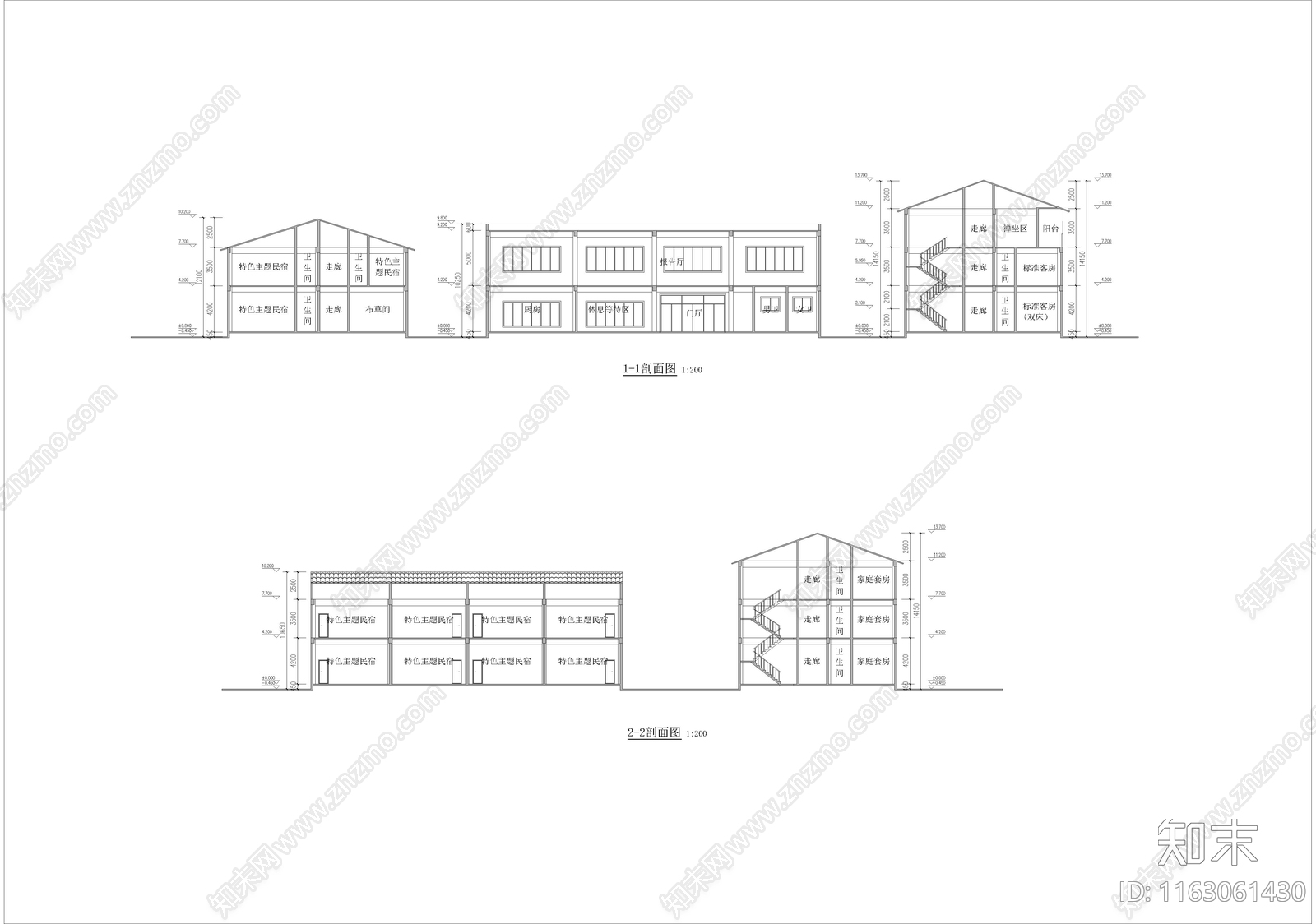 中式现代民宿建筑cad施工图下载【ID:1163061430】