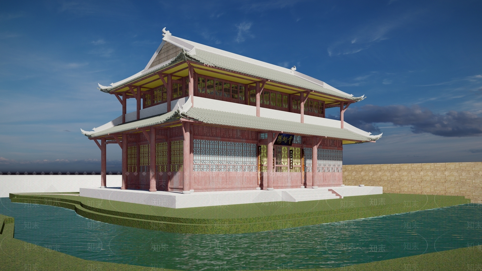 中式复古展览馆建筑SU模型下载【ID:1163076338】