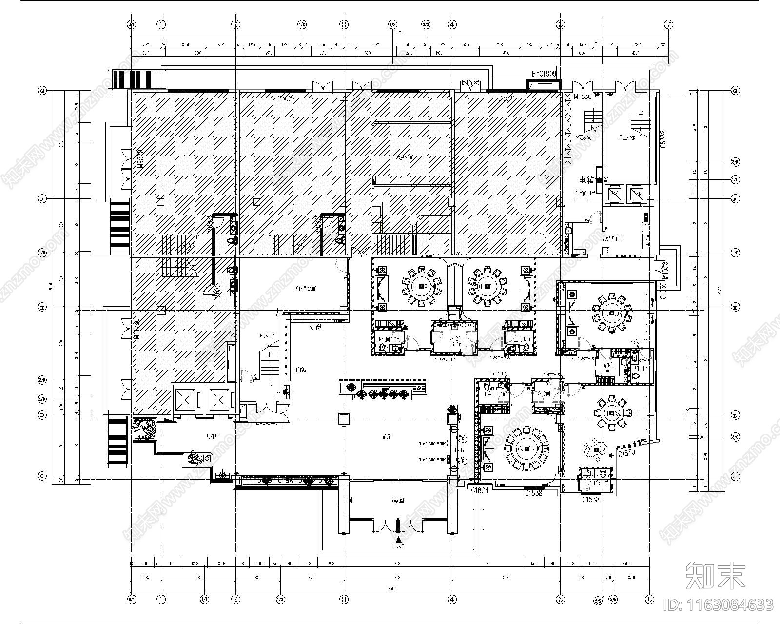 现代中餐厅cad施工图下载【ID:1163084633】