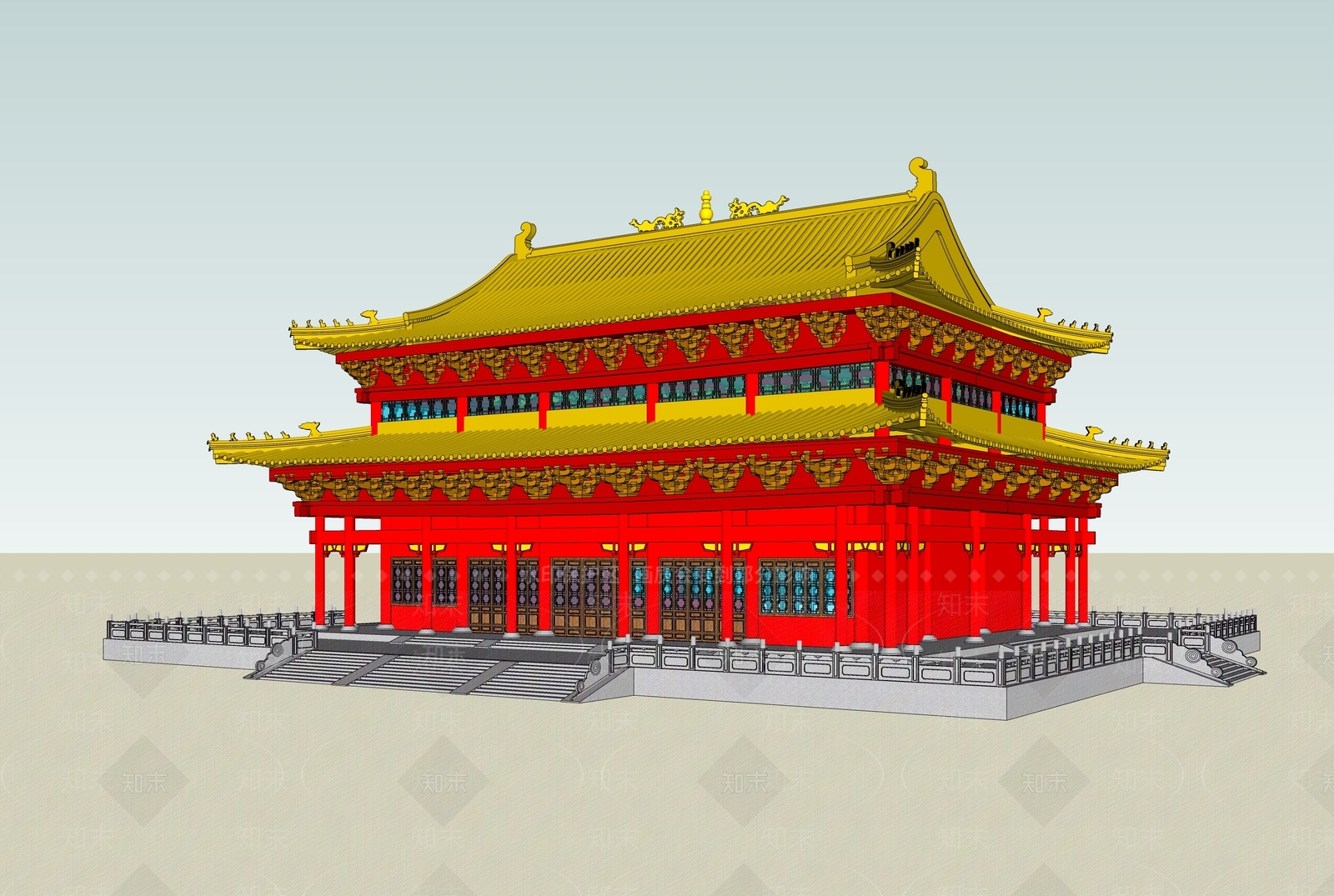 中式复古寺庙建筑SU模型下载【ID:1163126075】