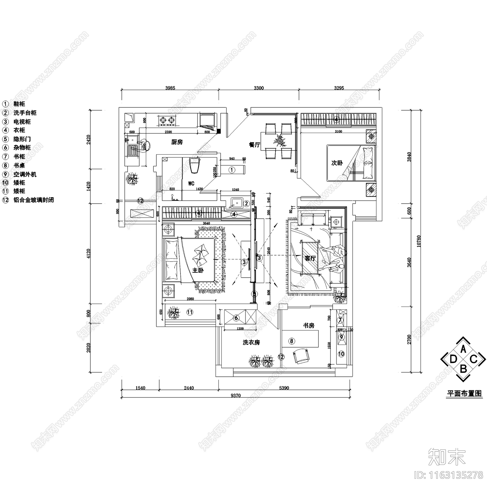 现代简约华润合肥幸福里平层室内家装cad施工图下载【ID:1163135278】