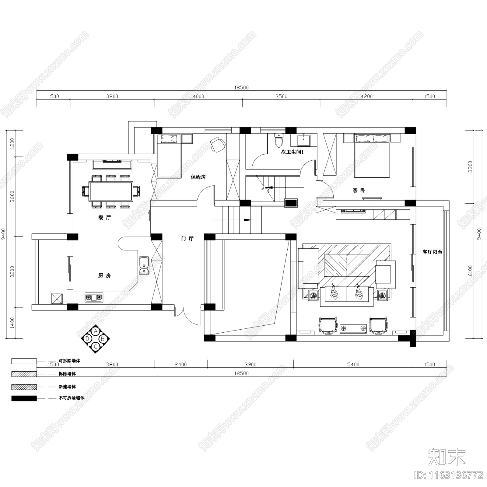 中式混搭风翡翠城四层别墅室内家装cad施工图下载【ID:1163136772】