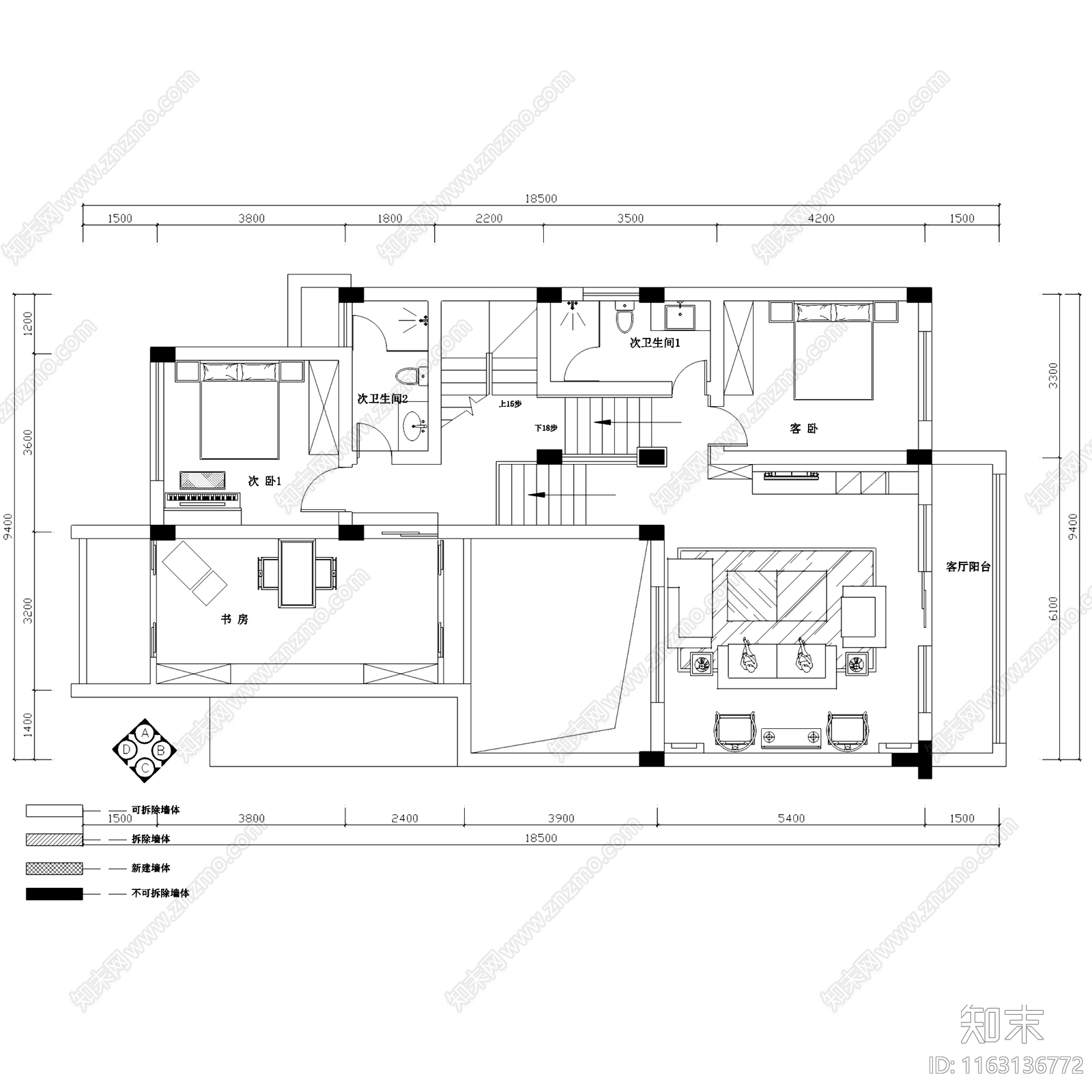 中式混搭风翡翠城四层别墅室内家装cad施工图下载【ID:1163136772】