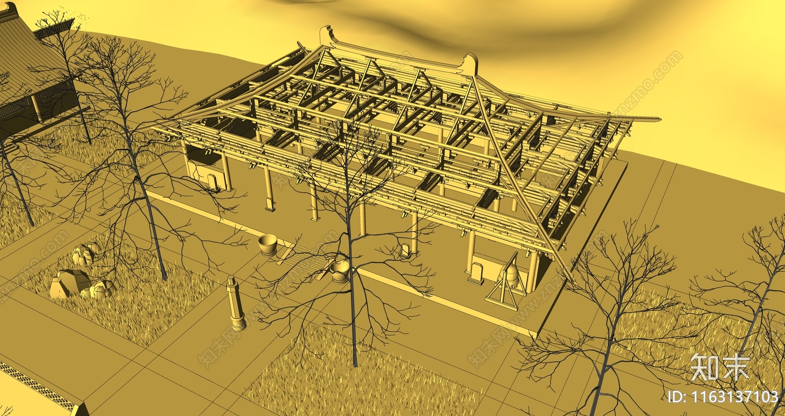 中式寺庙建筑SU模型下载【ID:1163137103】
