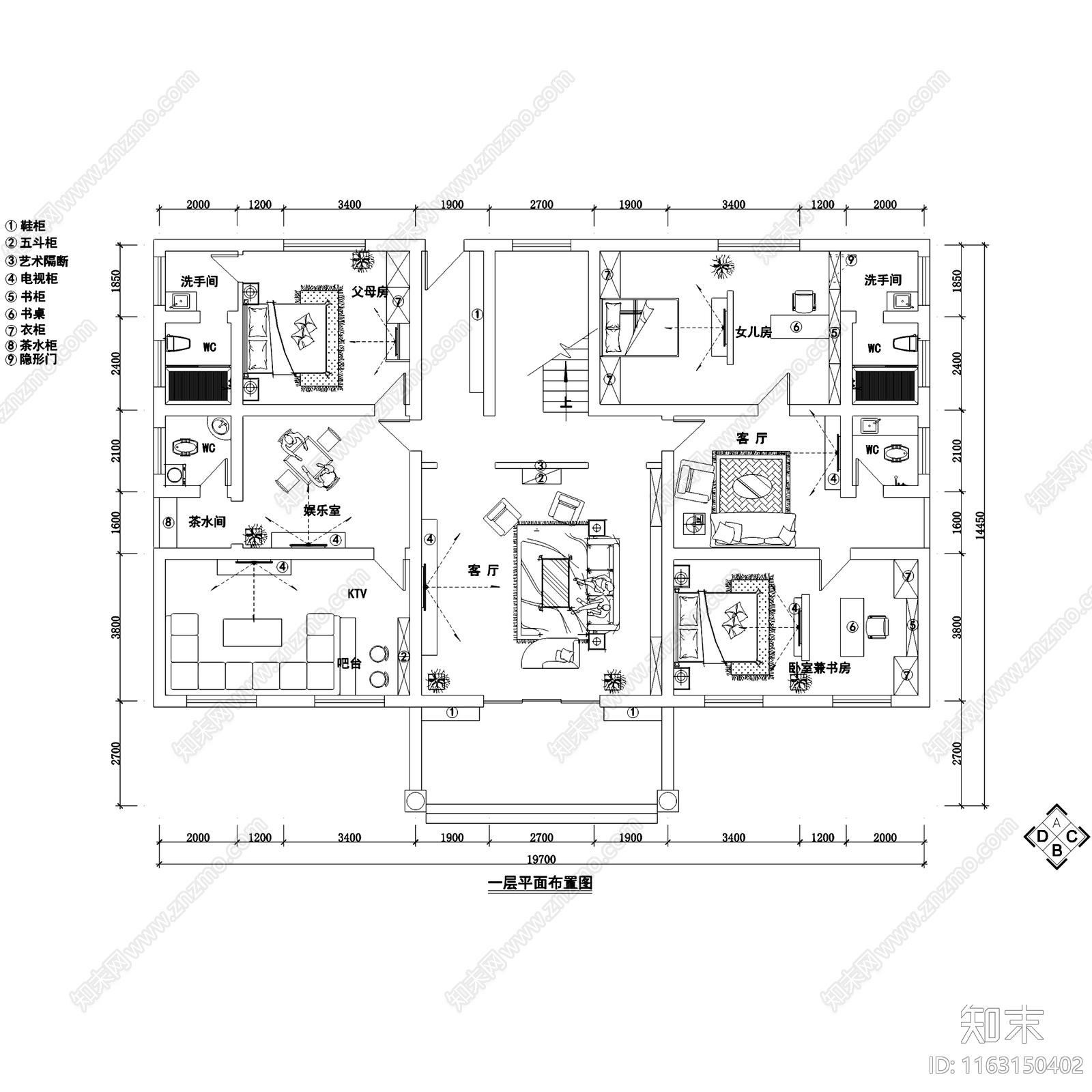 美式田园风三层自建别墅室内家装cad施工图下载【ID:1163150402】