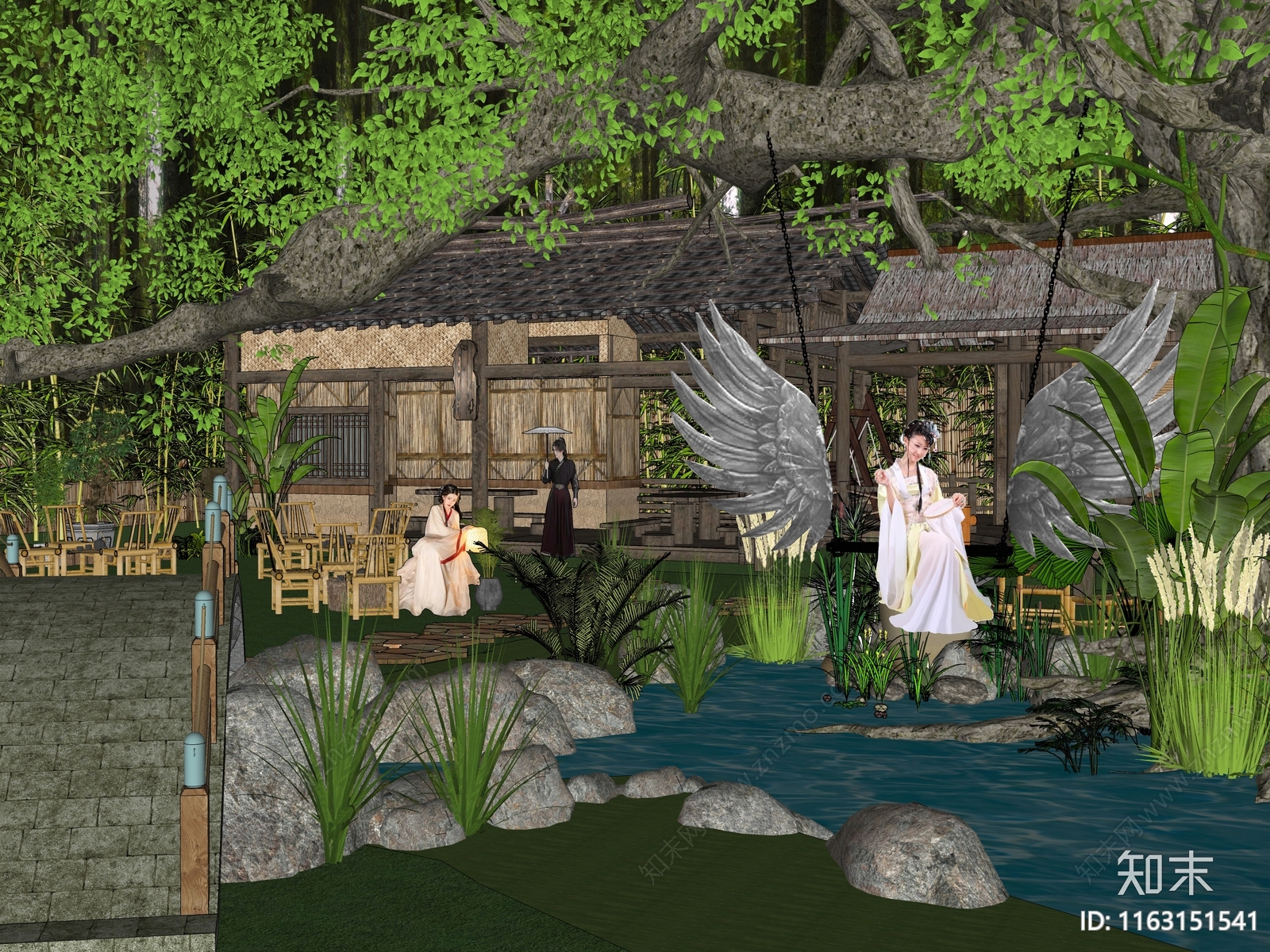 中式新中式乡村公园SU模型下载【ID:1163151541】