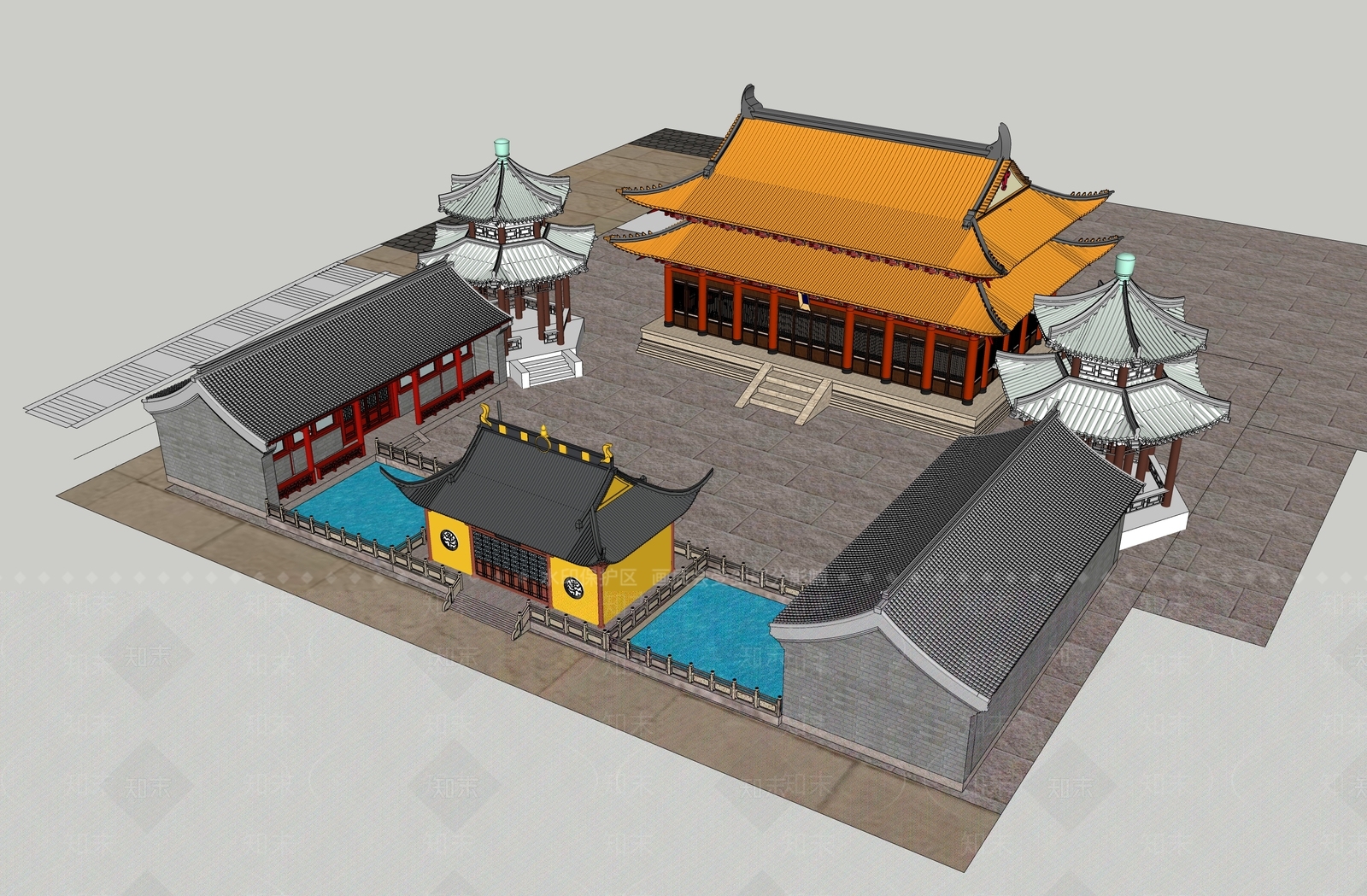 中式复古寺庙建筑SU模型下载【ID:1163185624】