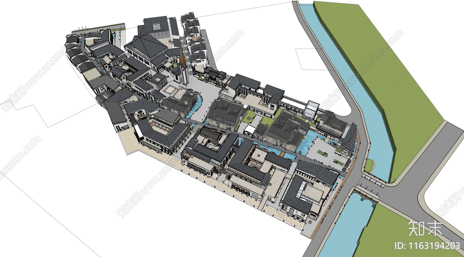 新中式商业街SU模型下载【ID:1163194203】