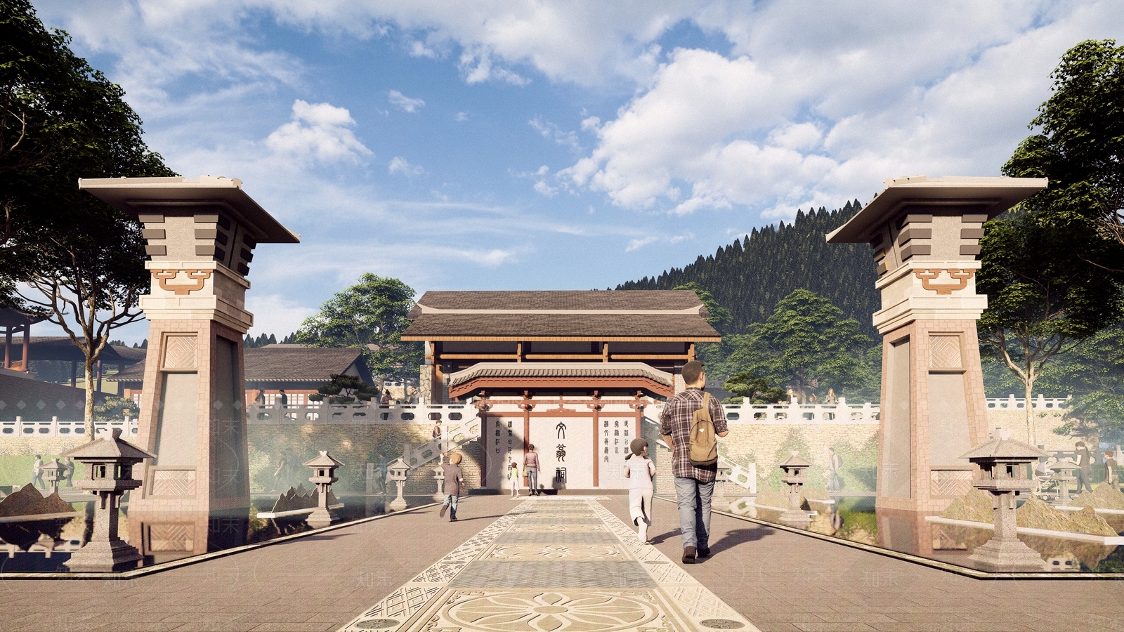 中式新中式广场景观SU模型下载【ID:1163233407】