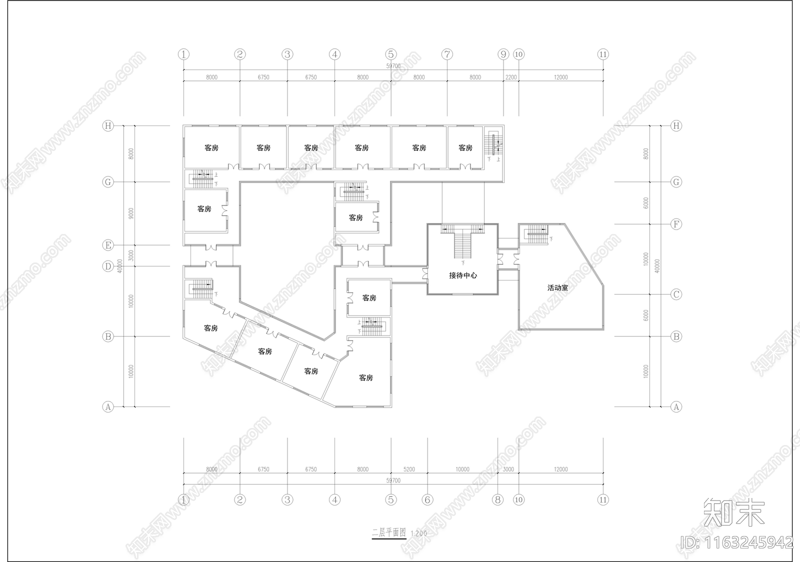 现代中式民宿建筑cad施工图下载【ID:1163245942】