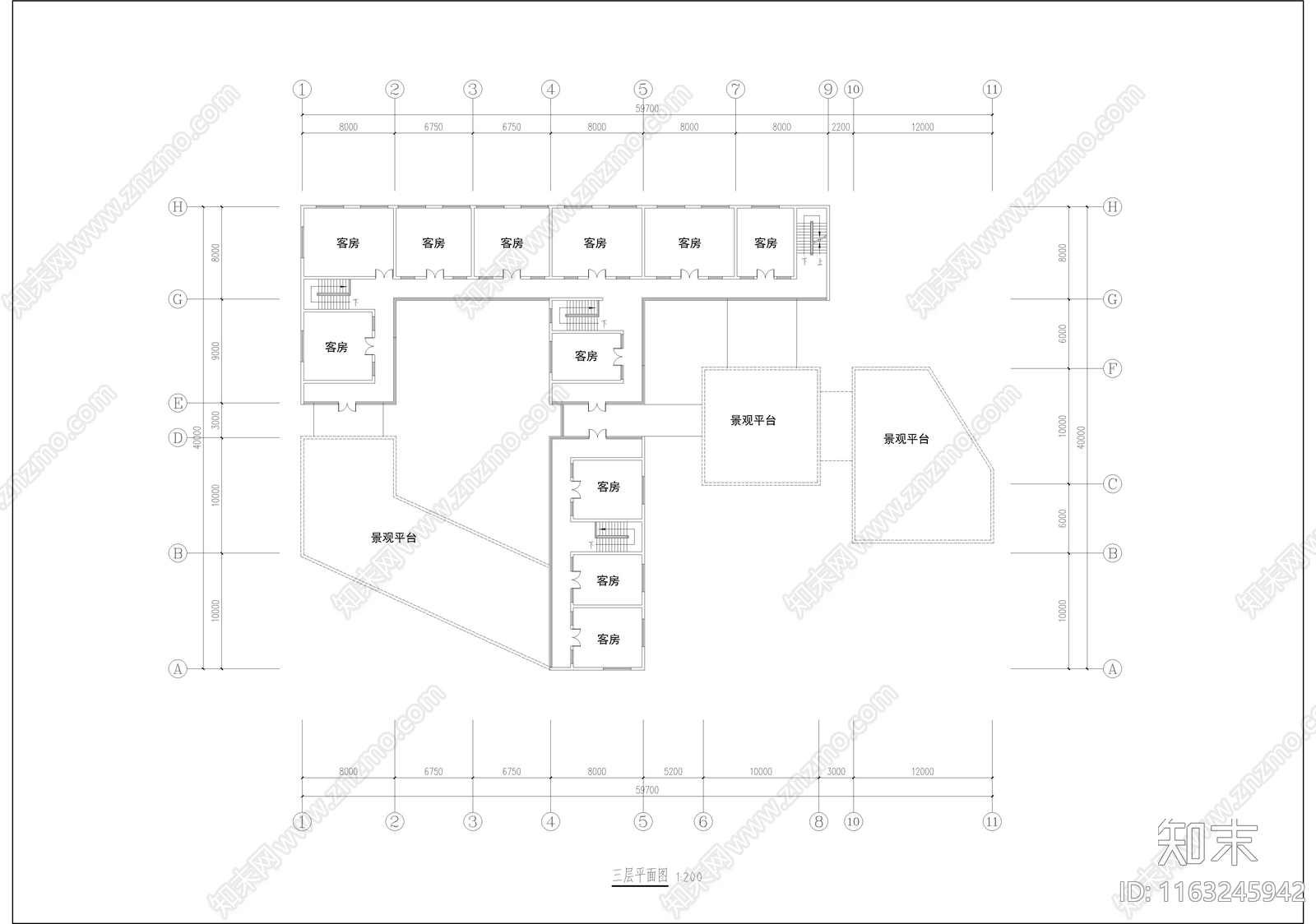 现代中式民宿建筑cad施工图下载【ID:1163245942】