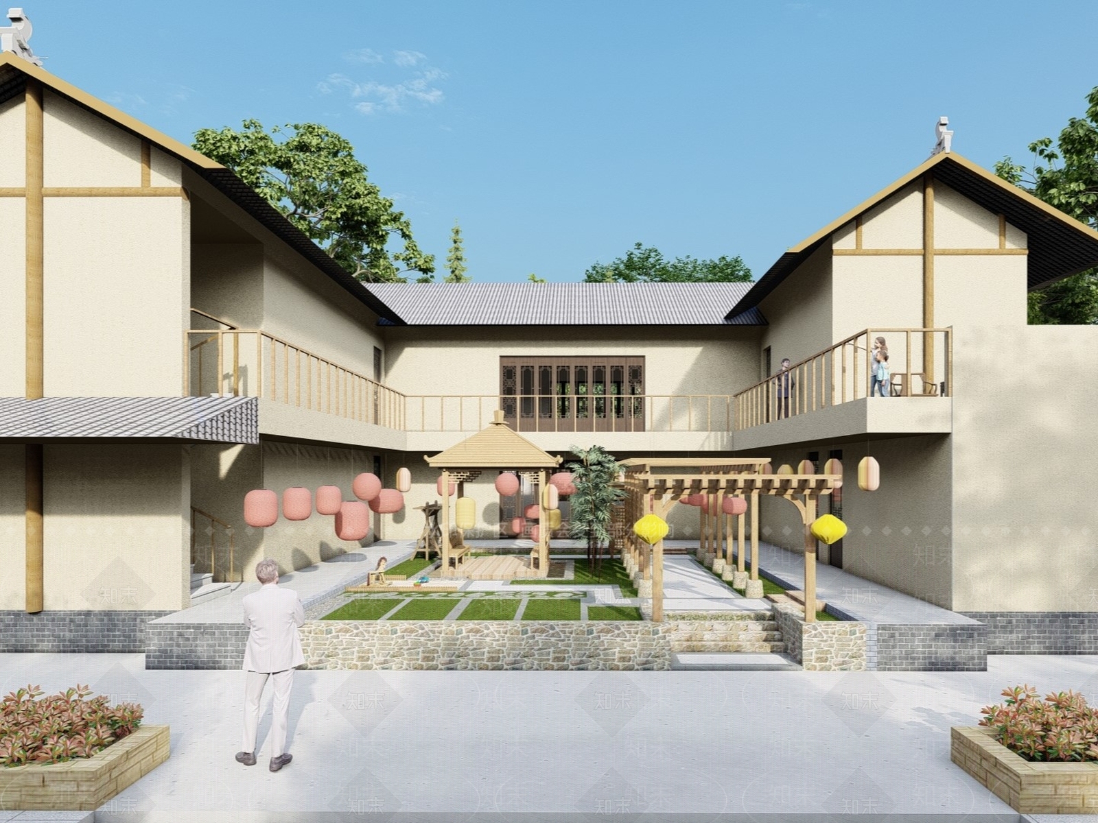 现代中式民宿建筑SU模型下载【ID:1163249259】