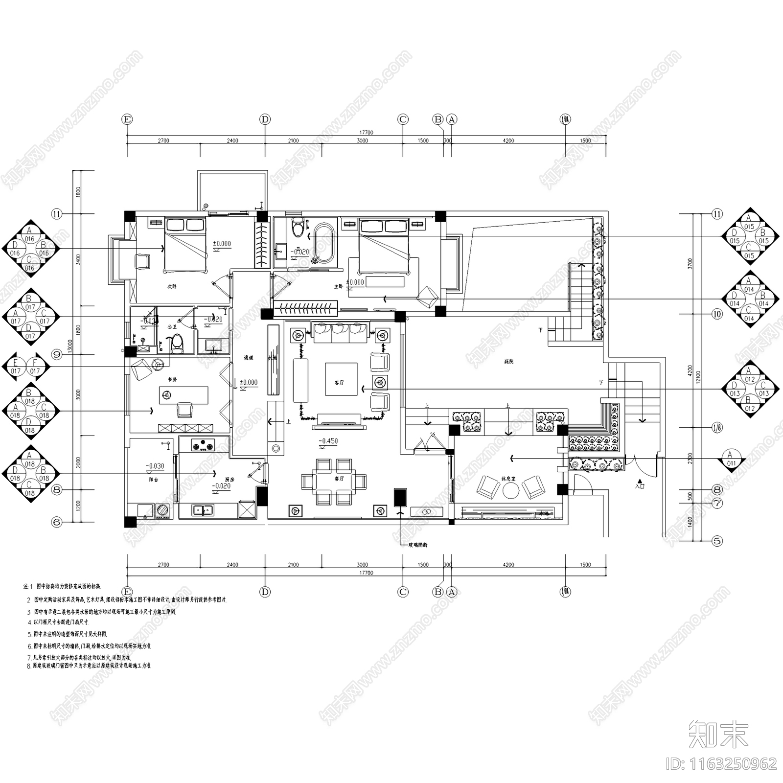 现代中式山水华庭情景洋房带地下室室内家装cad施工图下载【ID:1163250962】