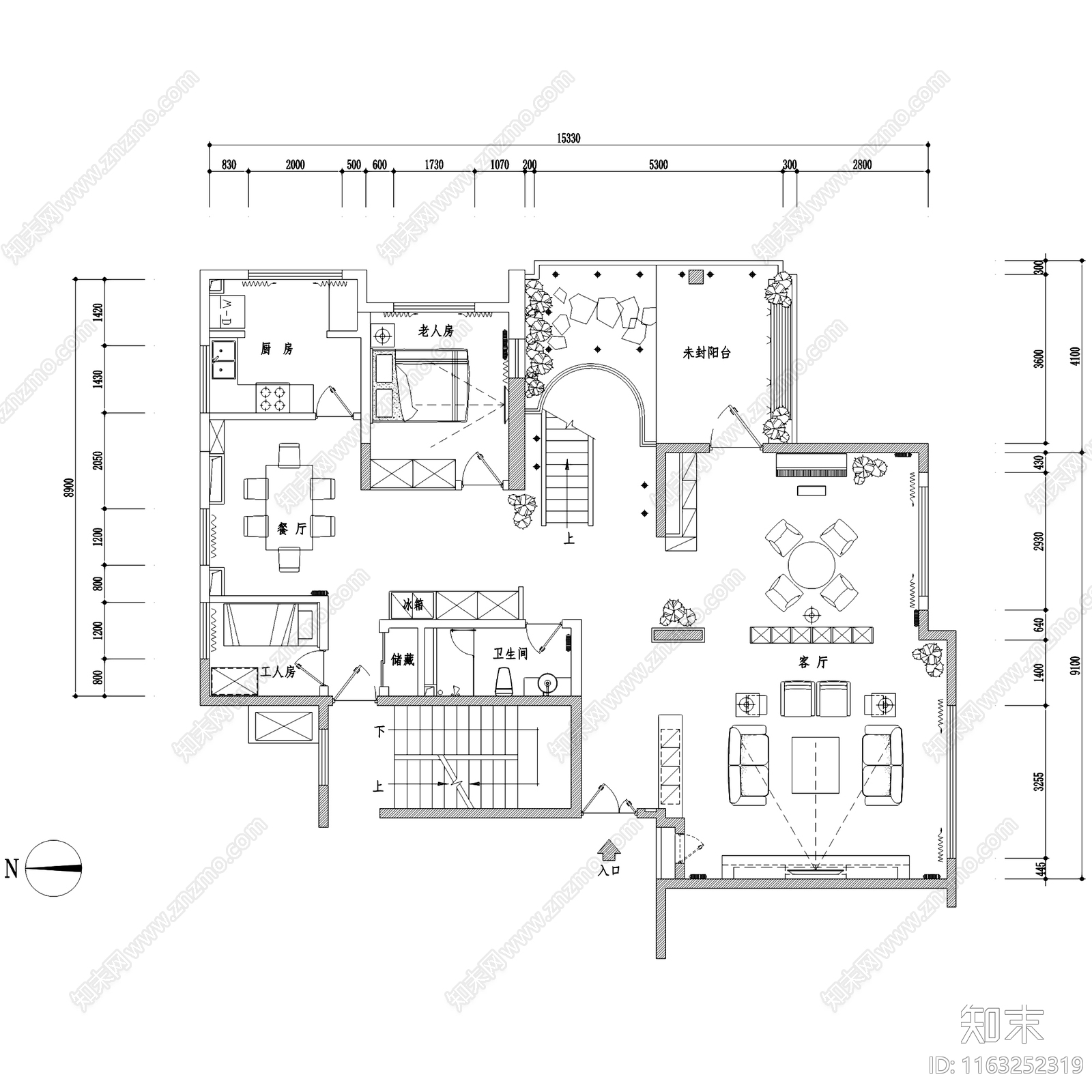 现代简约二层复式跃层室内家装cad施工图下载【ID:1163252319】