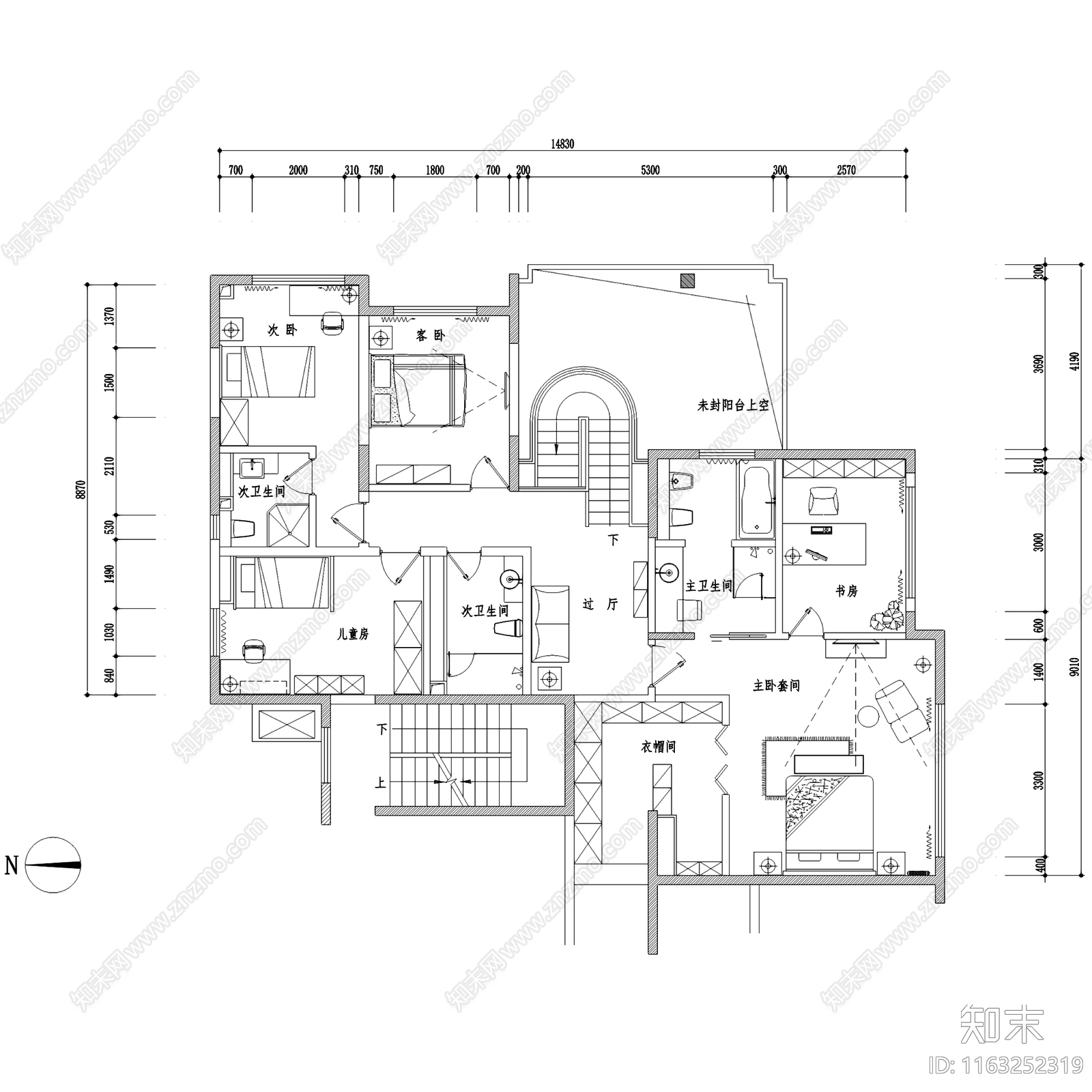 现代简约二层复式跃层室内家装cad施工图下载【ID:1163252319】