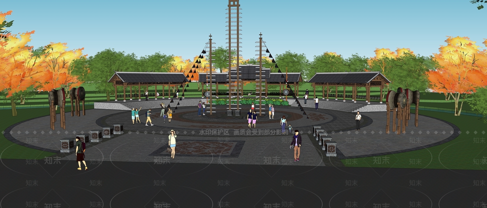 新中式现代广场景观SU模型下载【ID:1163270430】