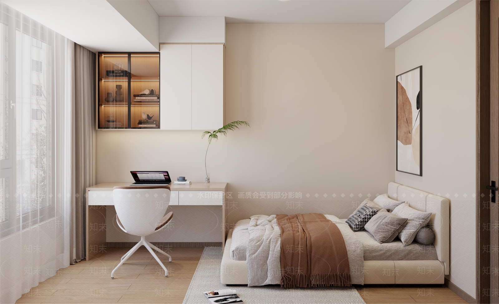 现代奶油榻榻米卧室3D模型下载【ID:1163296408】