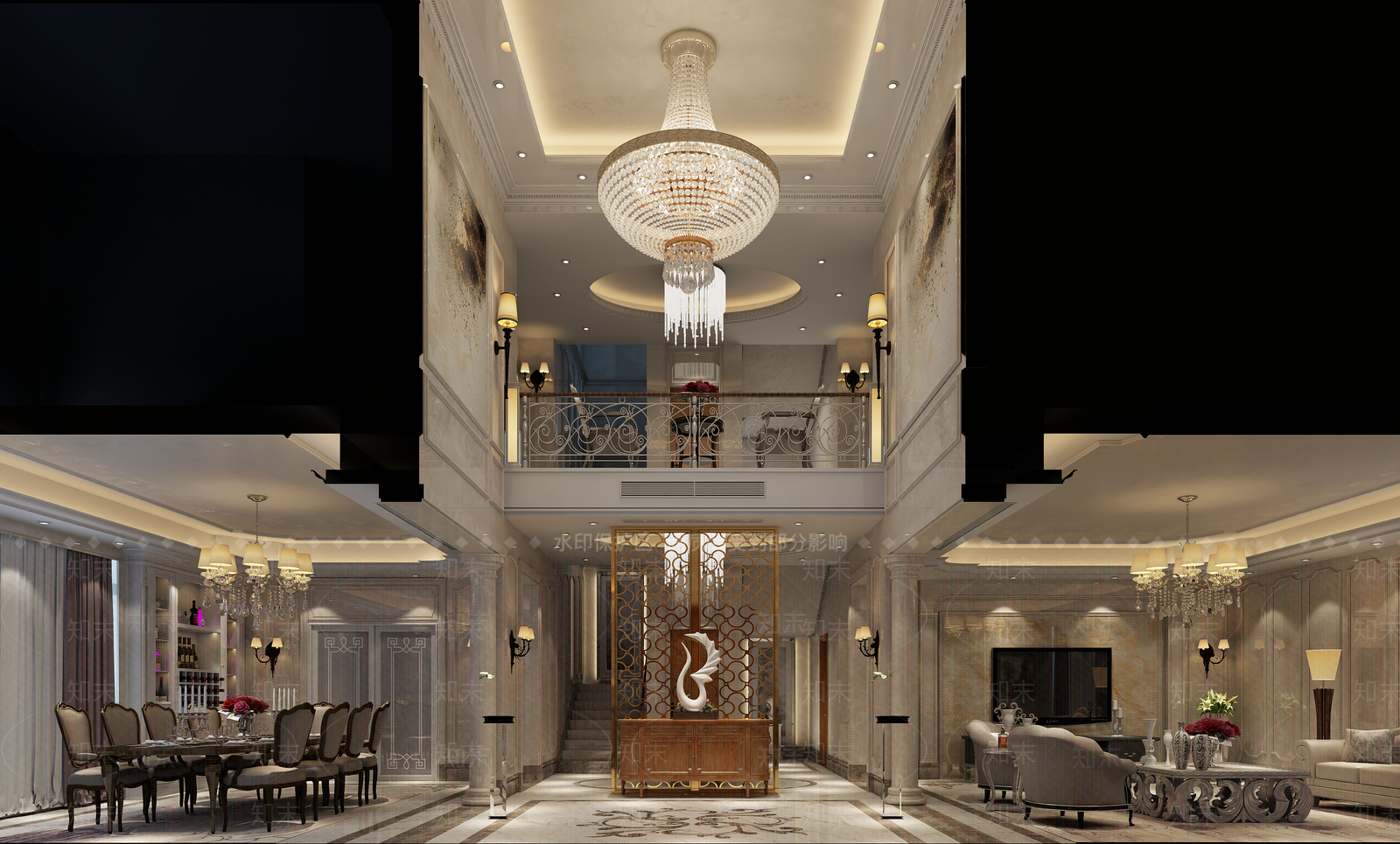 欧式简约别墅客厅3D模型下载【ID:1163304037】