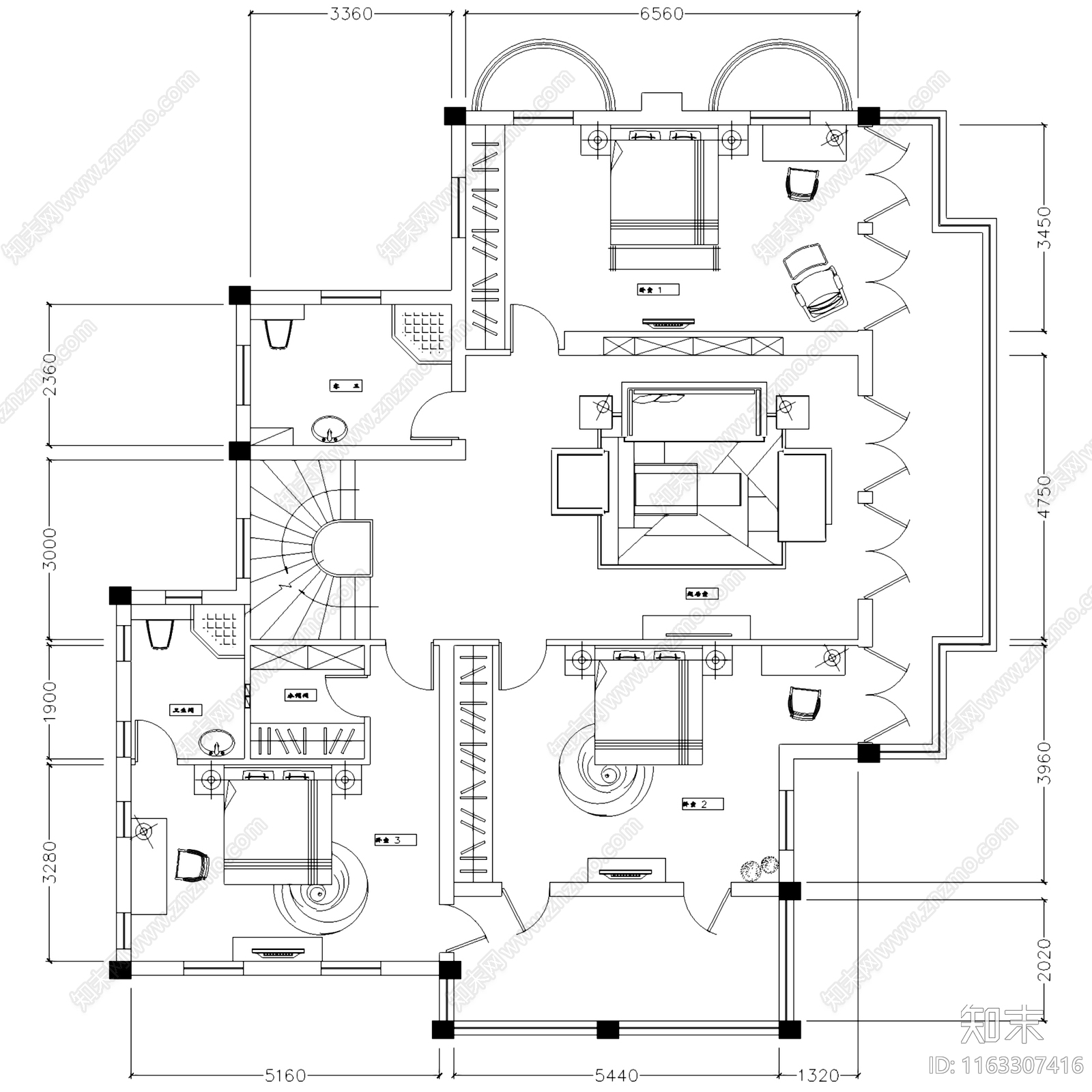 现代简欧三层别墅室内家装cad施工图下载【ID:1163307416】