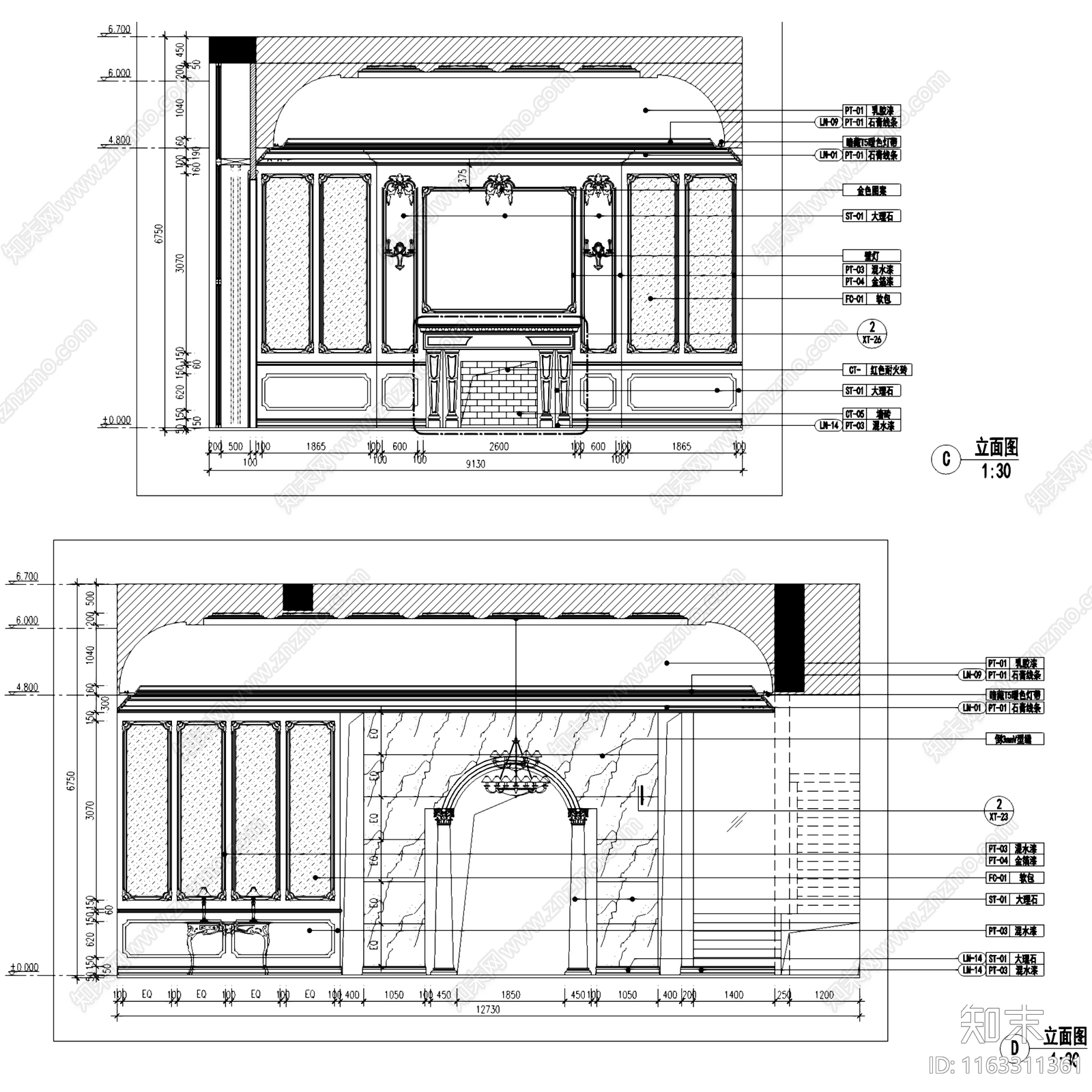 欧式复古古典豪华二层别墅室内家装cad施工图下载【ID:1163311361】